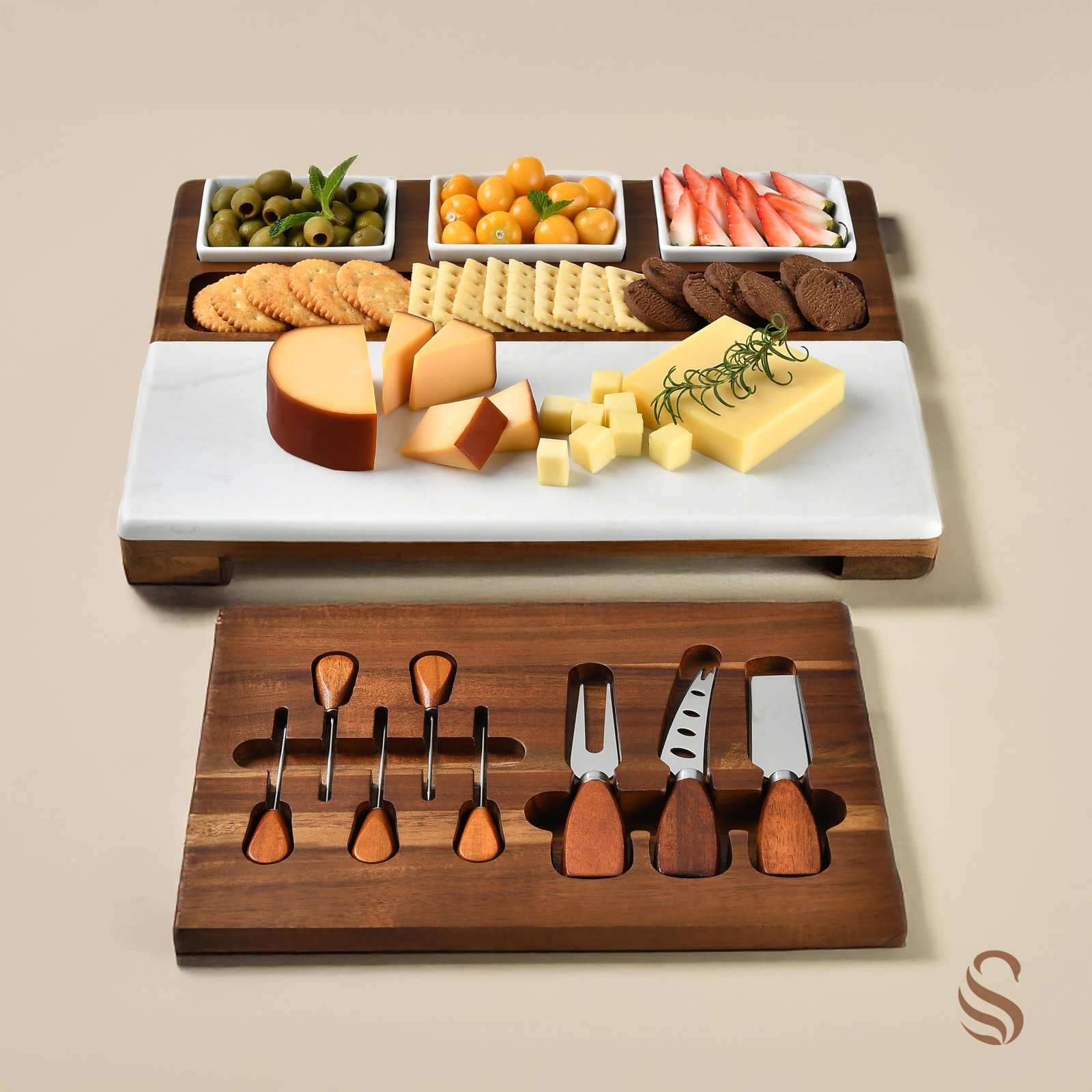 Shanik Wood - Marble Cheese Board Set with 3 Ceramic Bowls - Stainless Steel Cutlery Set, Charcuterie Board Set & Gift for Any Occasion (Without Engraving) - Image 8