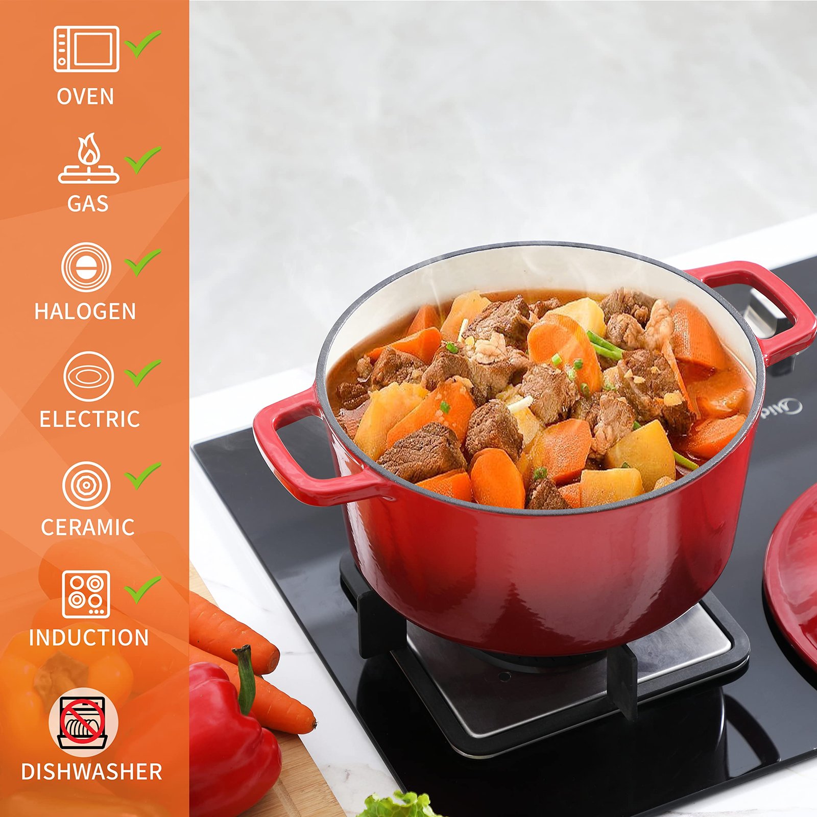 Velaze 6 QT Enameled Cast Iron Dutch Oven, Dual Handles Dutch Oven Pot with Lid,Heavy-Duty Non-stick Round Dutch Oven for Bread Baking, Stewing, Roasting, Good Sealing for All Heat Source (Red) - Image 8