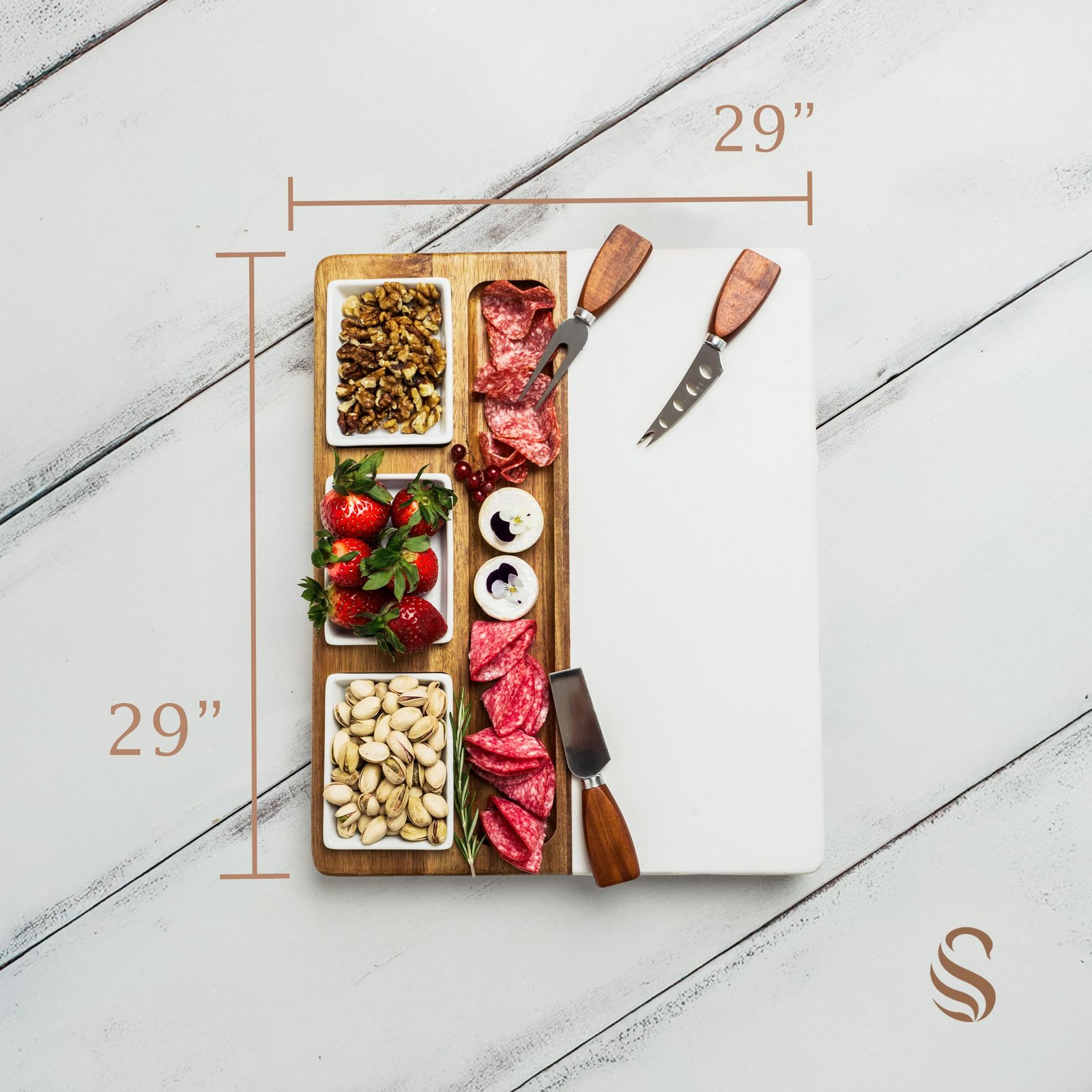 Shanik Wood - Marble Cheese Board Set with 3 Ceramic Bowls - Stainless Steel Cutlery Set, Charcuterie Board Set & Gift for Any Occasion (Without Engraving) - Image 3