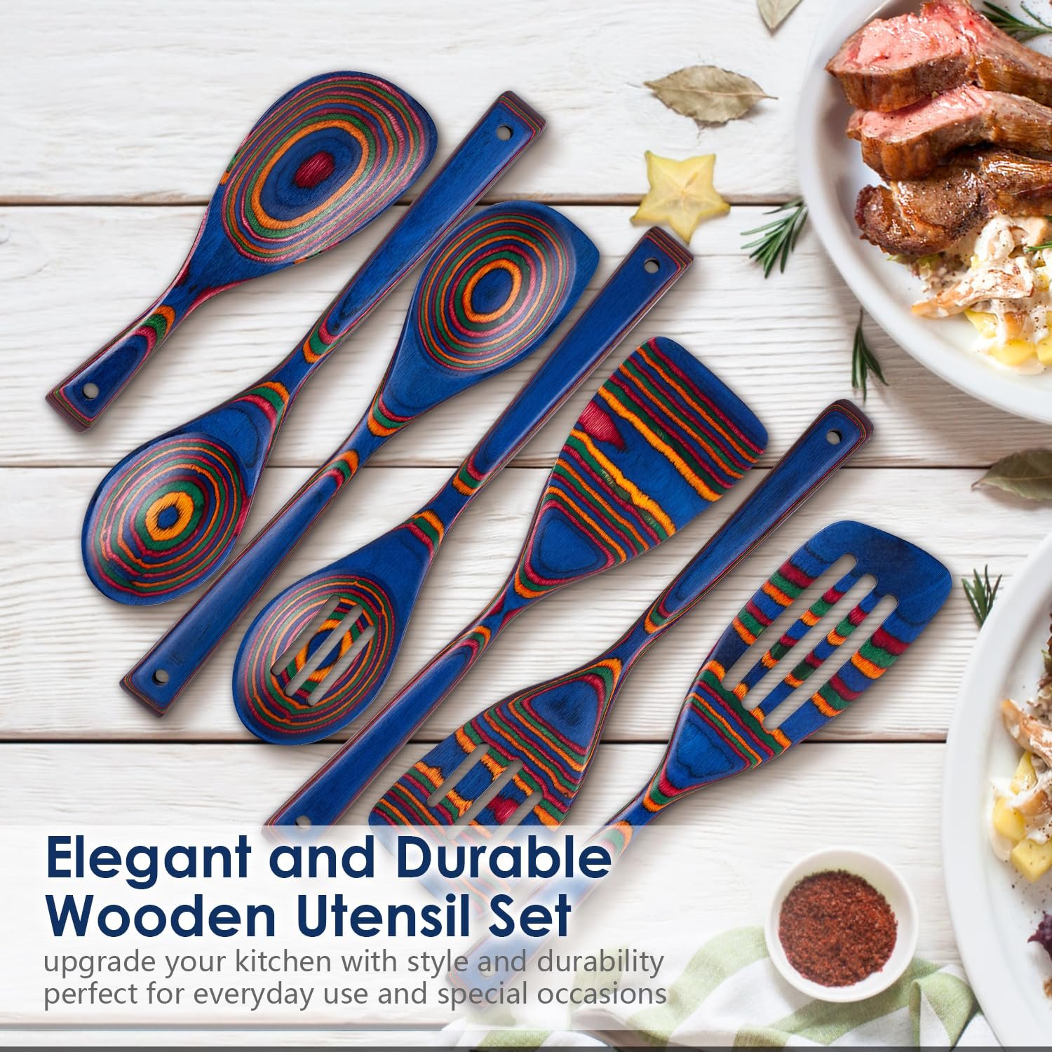 Wooden Spoons for Cooking, 7 Pcs Pakkawood Wooden Kitchen Cooking Spoon Utensil Tools Set Includes Spatula Corner Spoon Rice Paddle Friendly to Non-Stick Cookware by HOWHONG (Spectrum) - Image 2