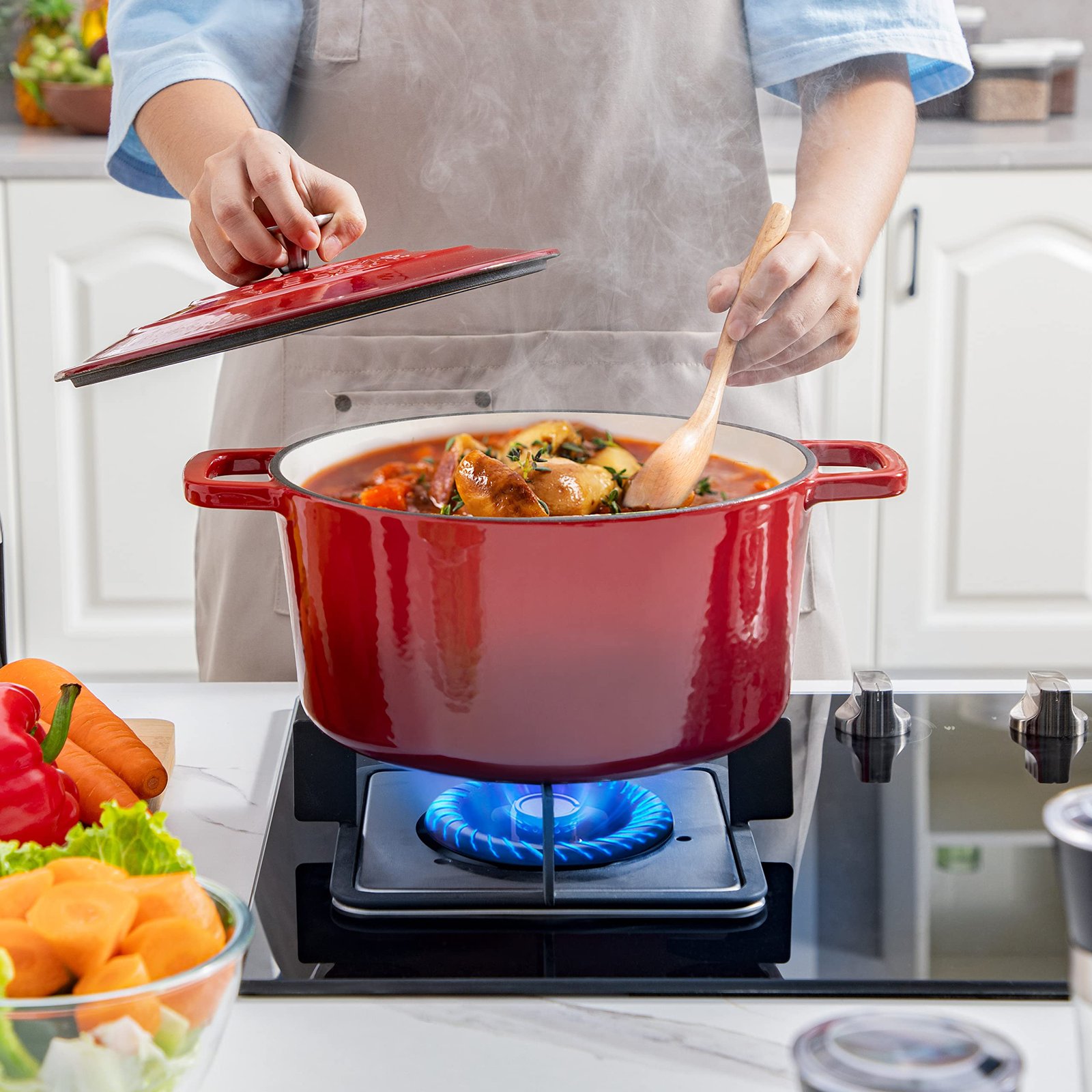 Velaze 6 QT Enameled Cast Iron Dutch Oven, Dual Handles Dutch Oven Pot with Lid,Heavy-Duty Non-stick Round Dutch Oven for Bread Baking, Stewing, Roasting, Good Sealing for All Heat Source (Red) - Image 2