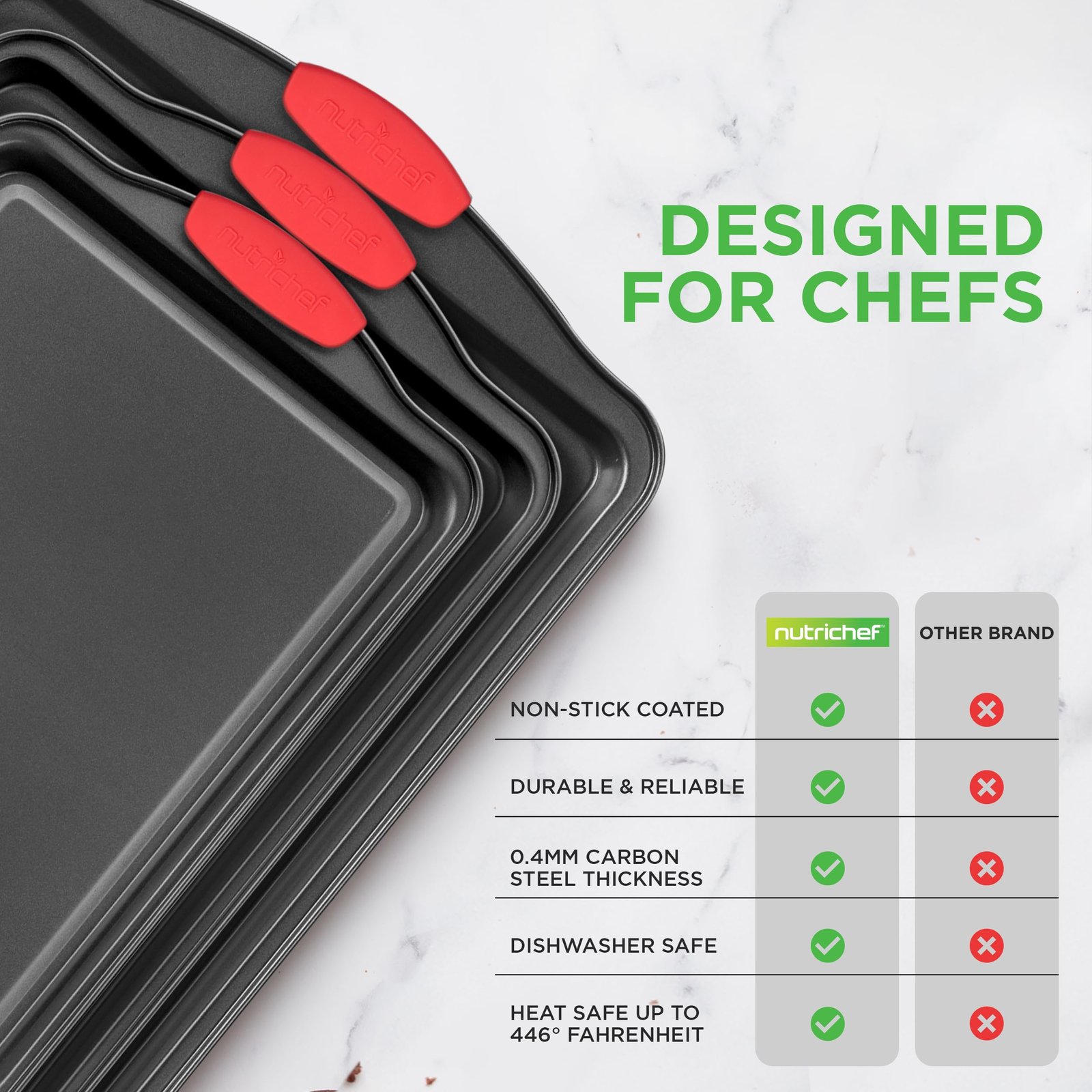 NutriChef 3-Piece Nonstick Kitchen Oven Baking Pans - Premium & Stylish Non-Stick Steel, Commercial Grade Restaurant Quality Metal Bakeware with Red Silicone Handles - Easy to Clean, NCSBS3S - Image 3