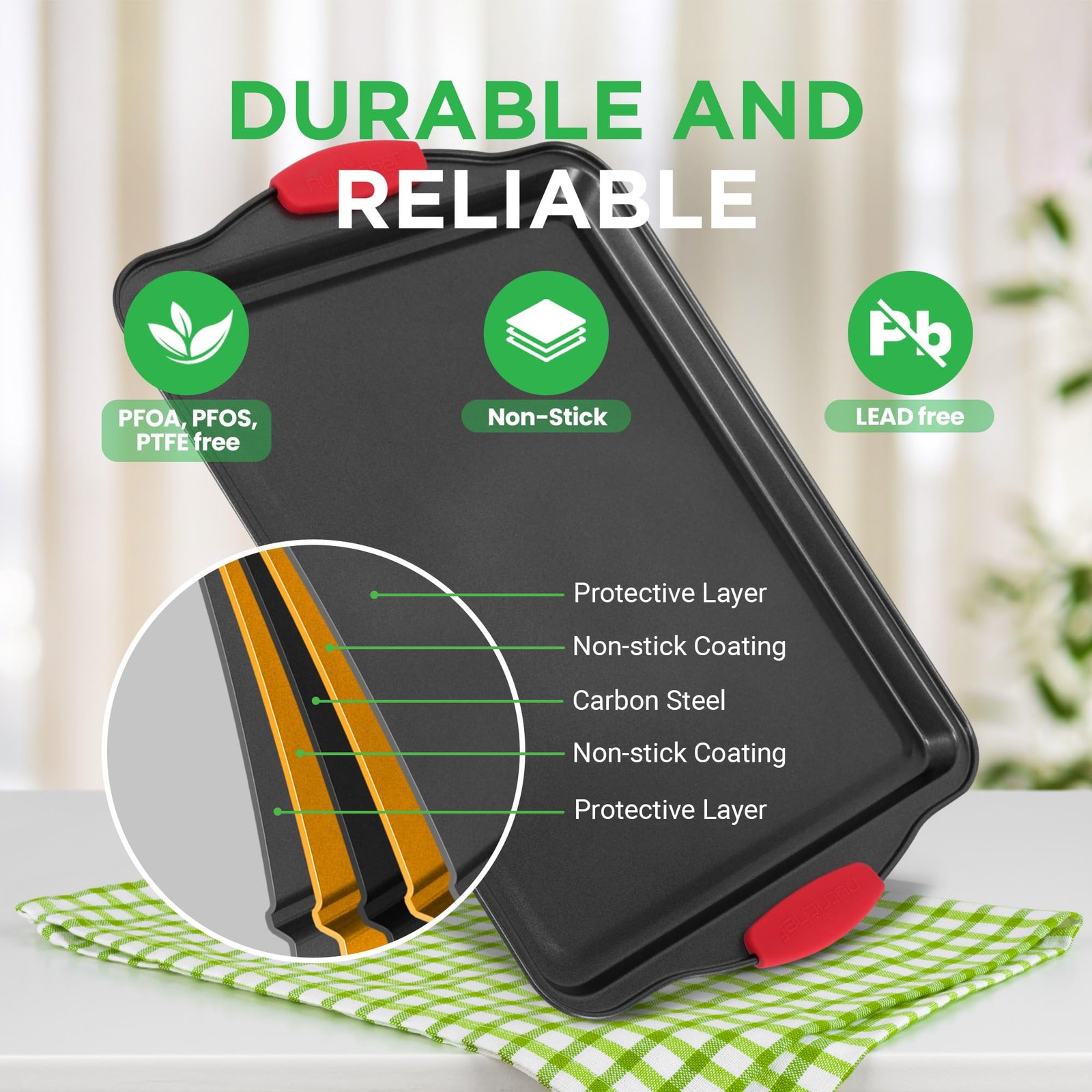 NutriChef 3-Piece Nonstick Kitchen Oven Baking Pans - Premium & Stylish Non-Stick Steel, Commercial Grade Restaurant Quality Metal Bakeware with Red Silicone Handles - Easy to Clean, NCSBS3S - Image 6