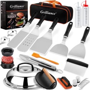 Grilliance 27pcs Griddle Accessories Kit for Blackstone, Professional Hibachi Flat Top Grill Tools, Enlarged Spatula Gift Set with Basting Cover,Burger Press Patty Maker for Outdoor BBQ Teppanyaki