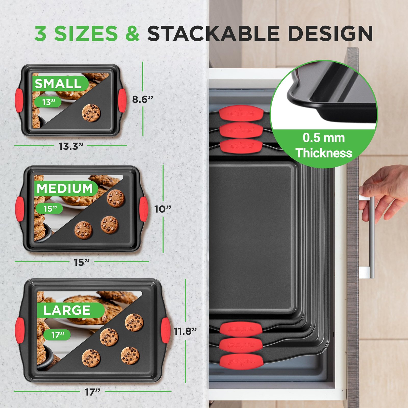 NutriChef 3-Piece Nonstick Kitchen Oven Baking Pans - Premium & Stylish Non-Stick Steel, Commercial Grade Restaurant Quality Metal Bakeware with Red Silicone Handles - Easy to Clean, NCSBS3S - Image 7