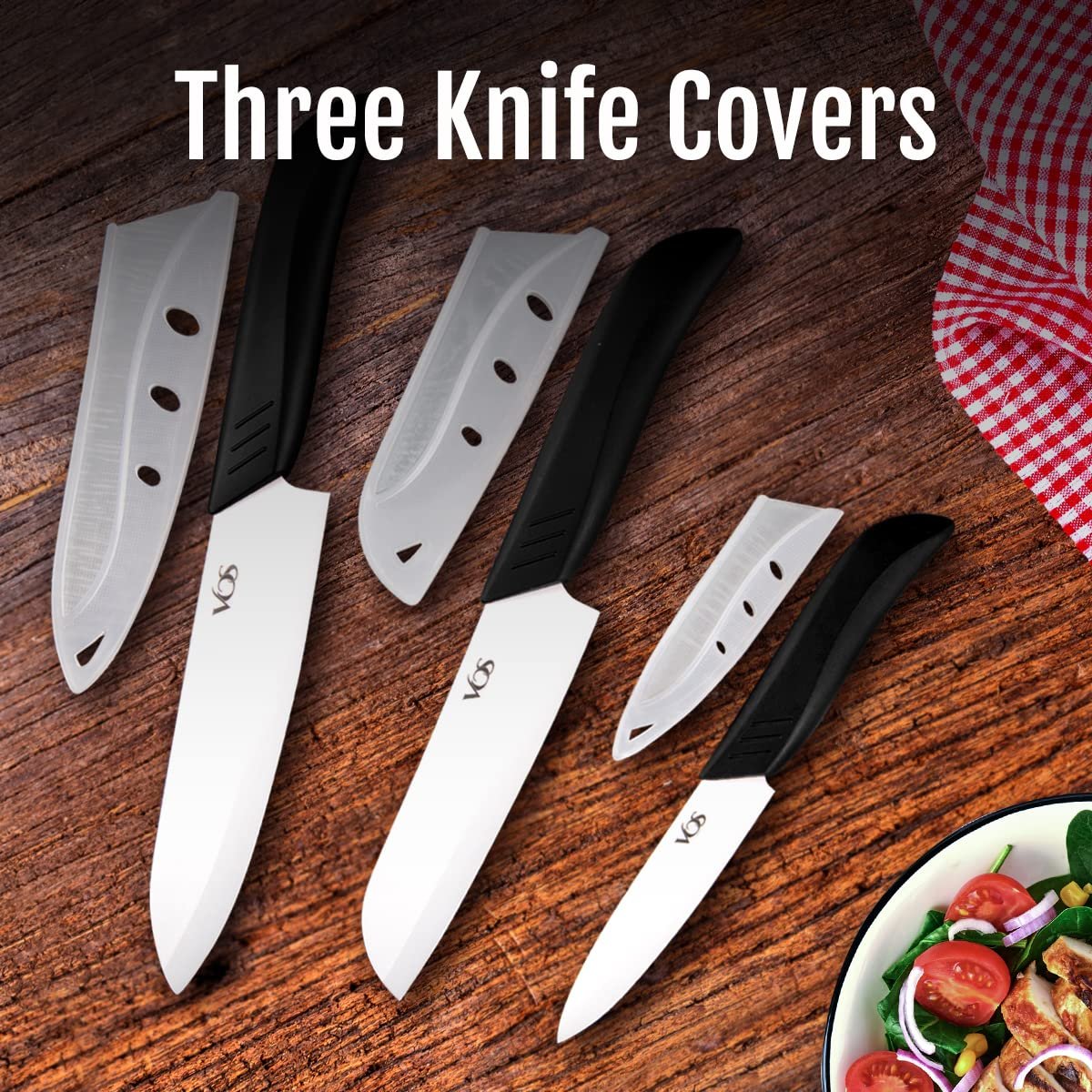 Vos Ceramic Knife Set in Elegant Gift Box, Ceramic Knives Set For Kitchen, Ultra Sharp Kitchen Knife Set with Covers, 4" 5" 6" Paring, Santoku & Chef Knife, Lightweight, Dishwasher safe (Black Handle) - Image 5
