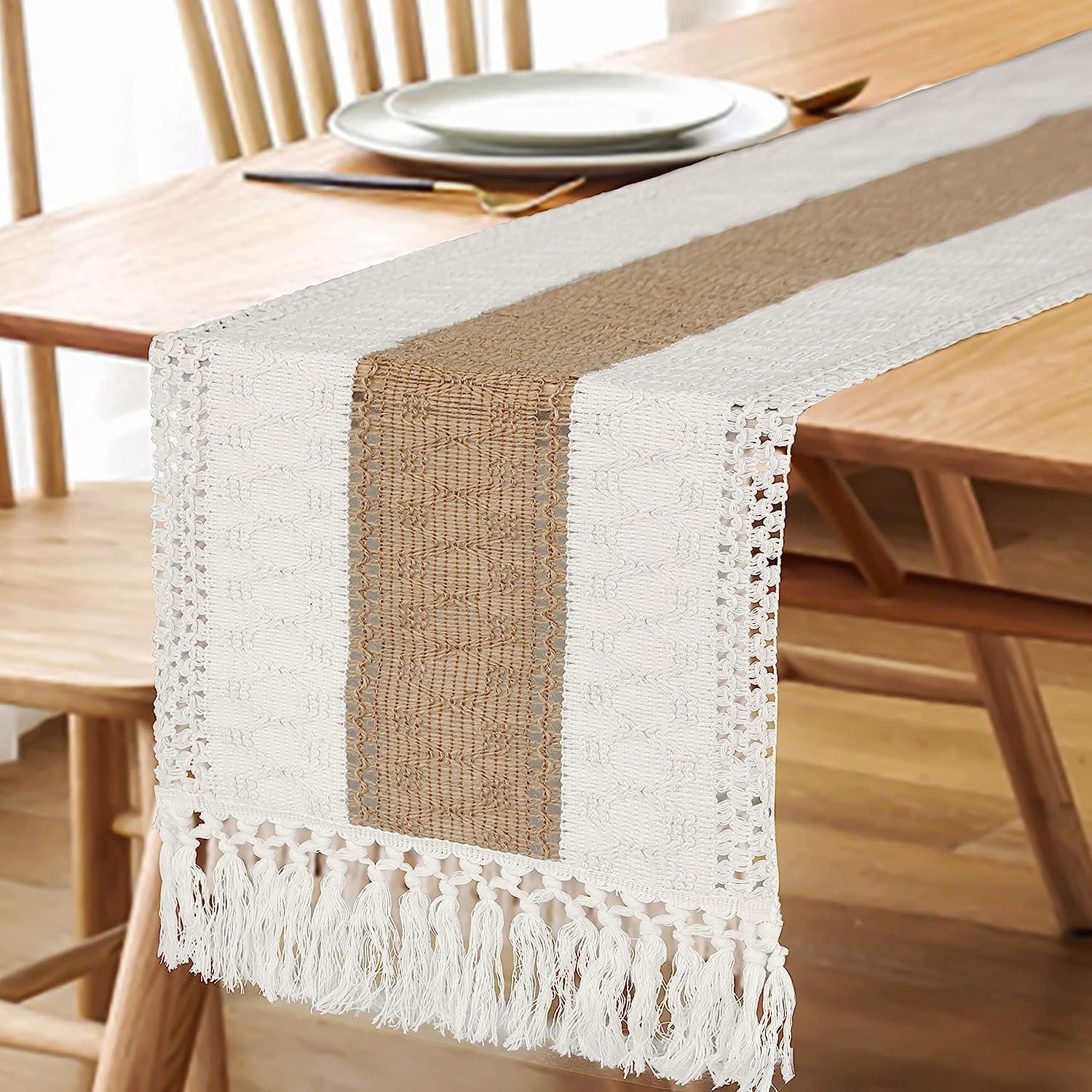 FEXIA Boho Table Runner for Summer Home Decor with Tassels 72 Inches Long Farmhouse Rustic Table Runner Macrame Burlap Table Decoration for Living Room Bridal Shower(12x72 Inches) - Image 4