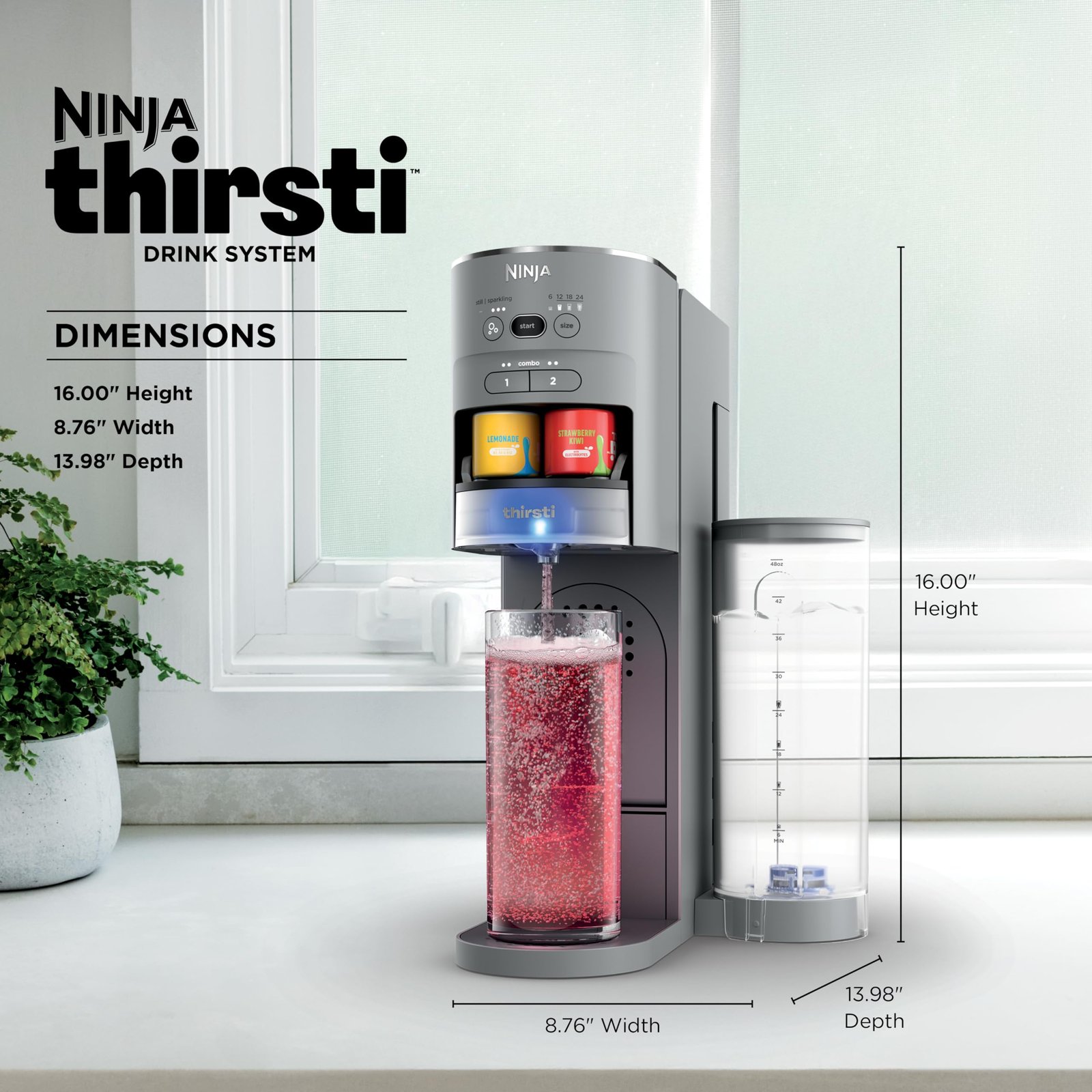 Ninja Thirsti Drink System, Soda Maker, Create Unique Sparkling & Still Drinks, Personalize Size & Flavor, Carbonated Water Machine, 60L CO2 Cylinder & Variety of Flavored Water Drops, Gray WC999AMZ - Image 2