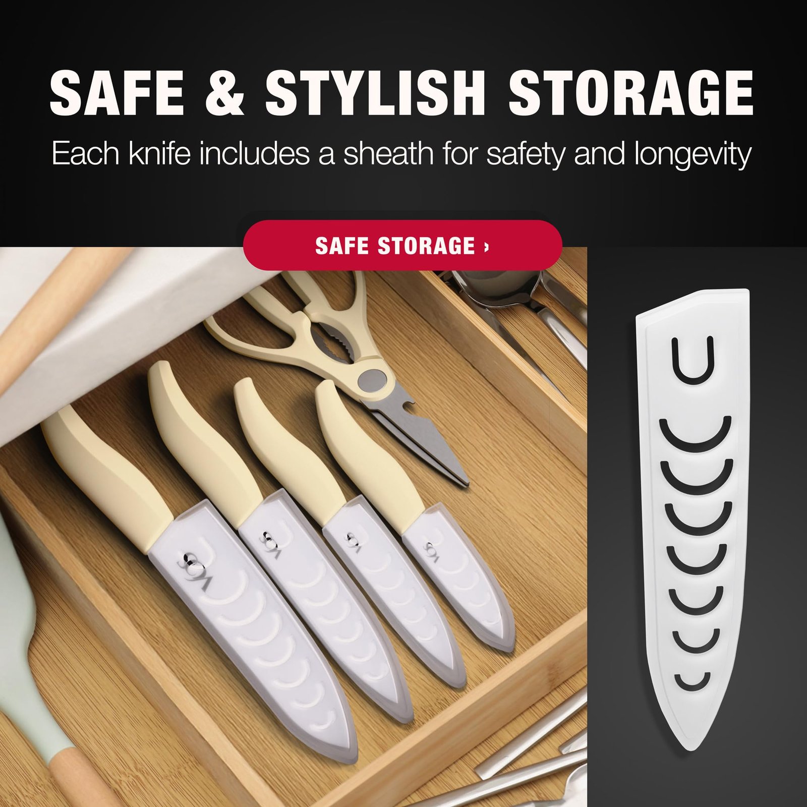 Vos Ceramic Knife Set – 4 Knives (3", 4", 5", 6") with Covers, Kitchen Scissors included | White Knives Set for Kitchen | Non-Stick Blades, Ergonomic Handles, For Cooking, Chopping & Peeling (Beige) - Image 4