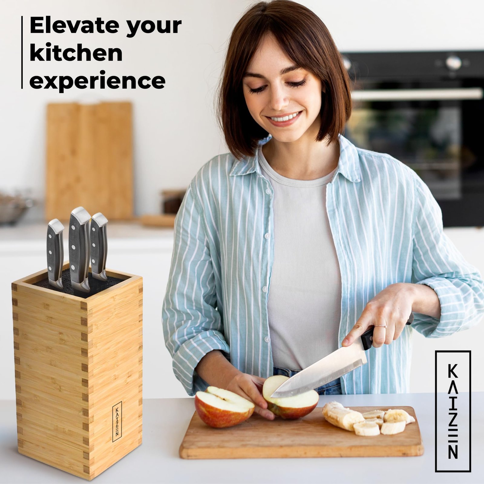 KAIZEN Bamboo Knife Block Without Knives - Perfectly Sized Universal Knife Holder for Knives, Scissors - Unique Knife Storage for Counter Top with Anti-Slip Base - Image 6