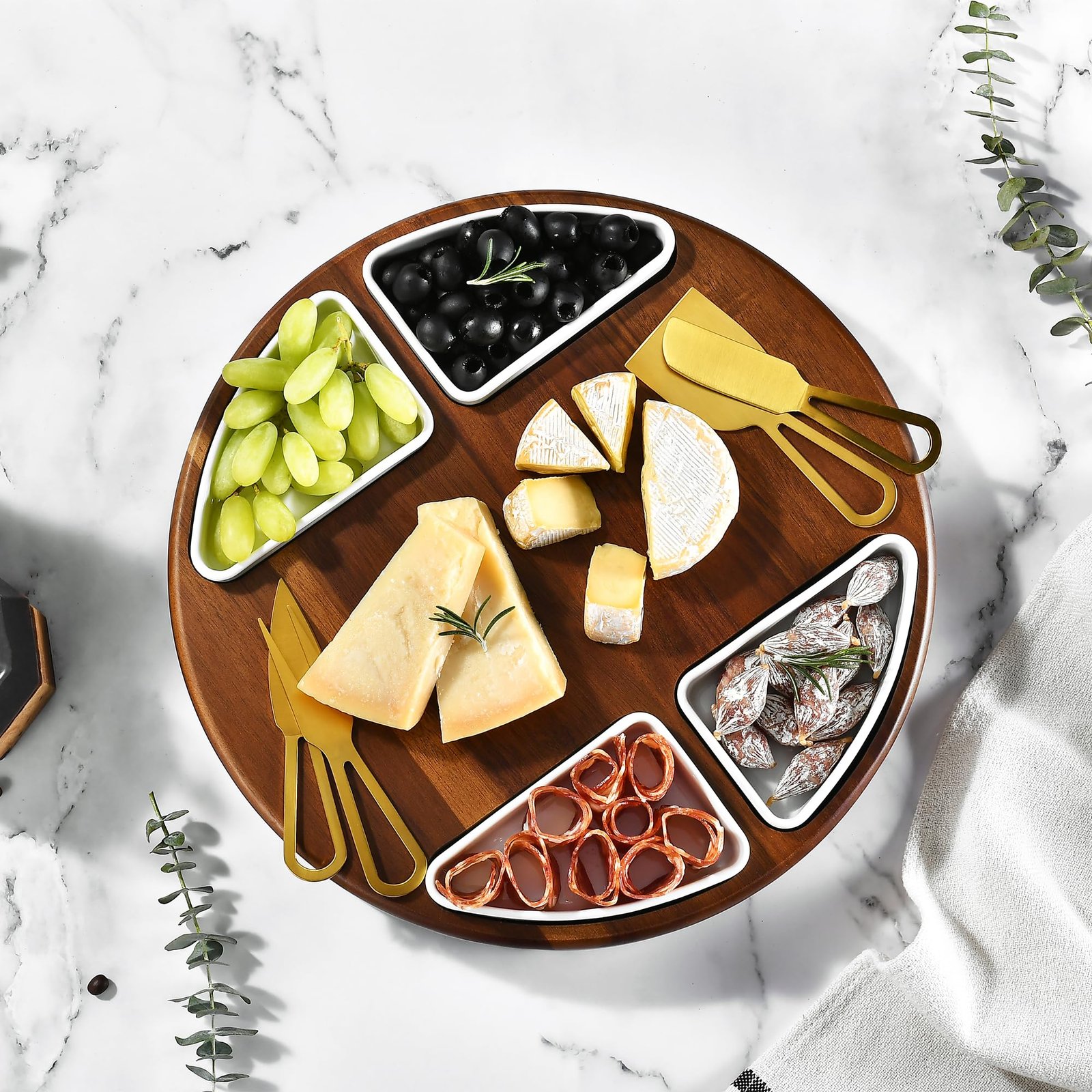 Shanik Upgraded Lazy Susan Cheese Cutting Board Set - Round Acacia Charcuterie Board With 4 Ceramic Bowls - Wedding Gifts - Cheese Serving Platter - Bridal Shower - Image 8