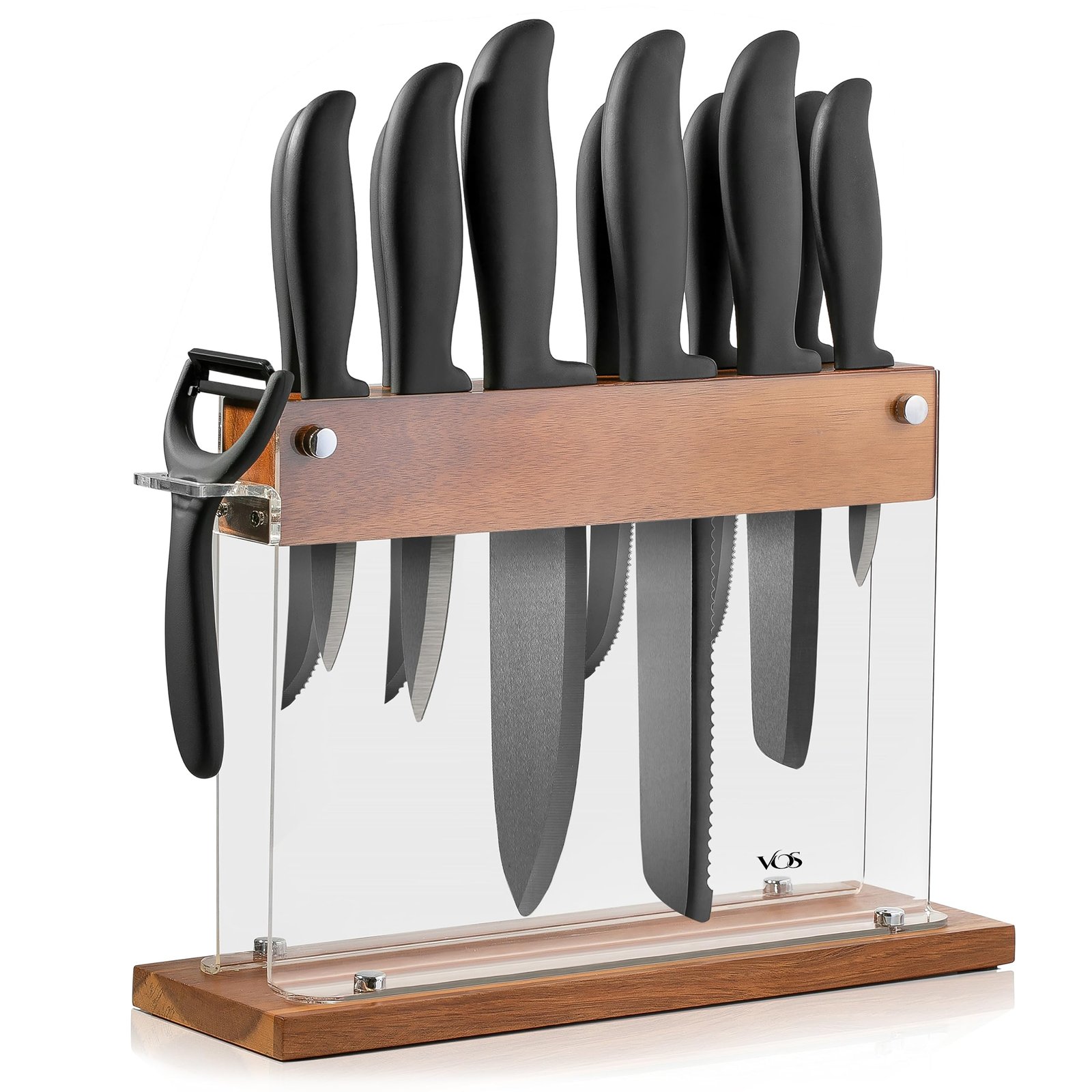 Vos Ceramic Knife Set With Block - 13-Piece Ceramic Knives Set For Kitchen, Includes Chef, Santoku, Bread Knives, Steak Knives, Peeler & Elegant Wooden Block - Ultra-Sharp, Dishwasher safe,Lightweight