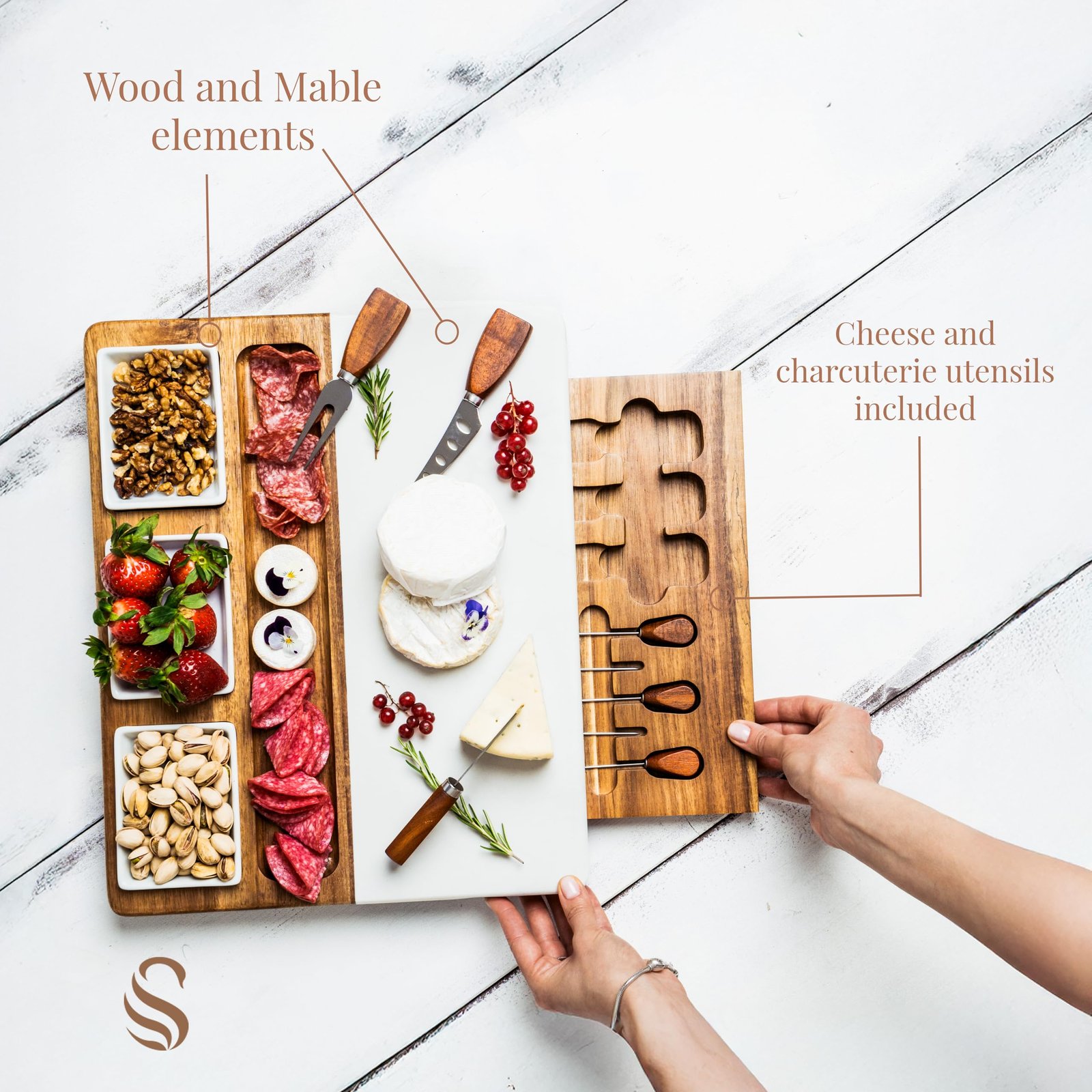Shanik Wood - Marble Cheese Board Set with 3 Ceramic Bowls - Stainless Steel Cutlery Set, Charcuterie Board Set & Gift for Any Occasion (Without Engraving) - Image 7