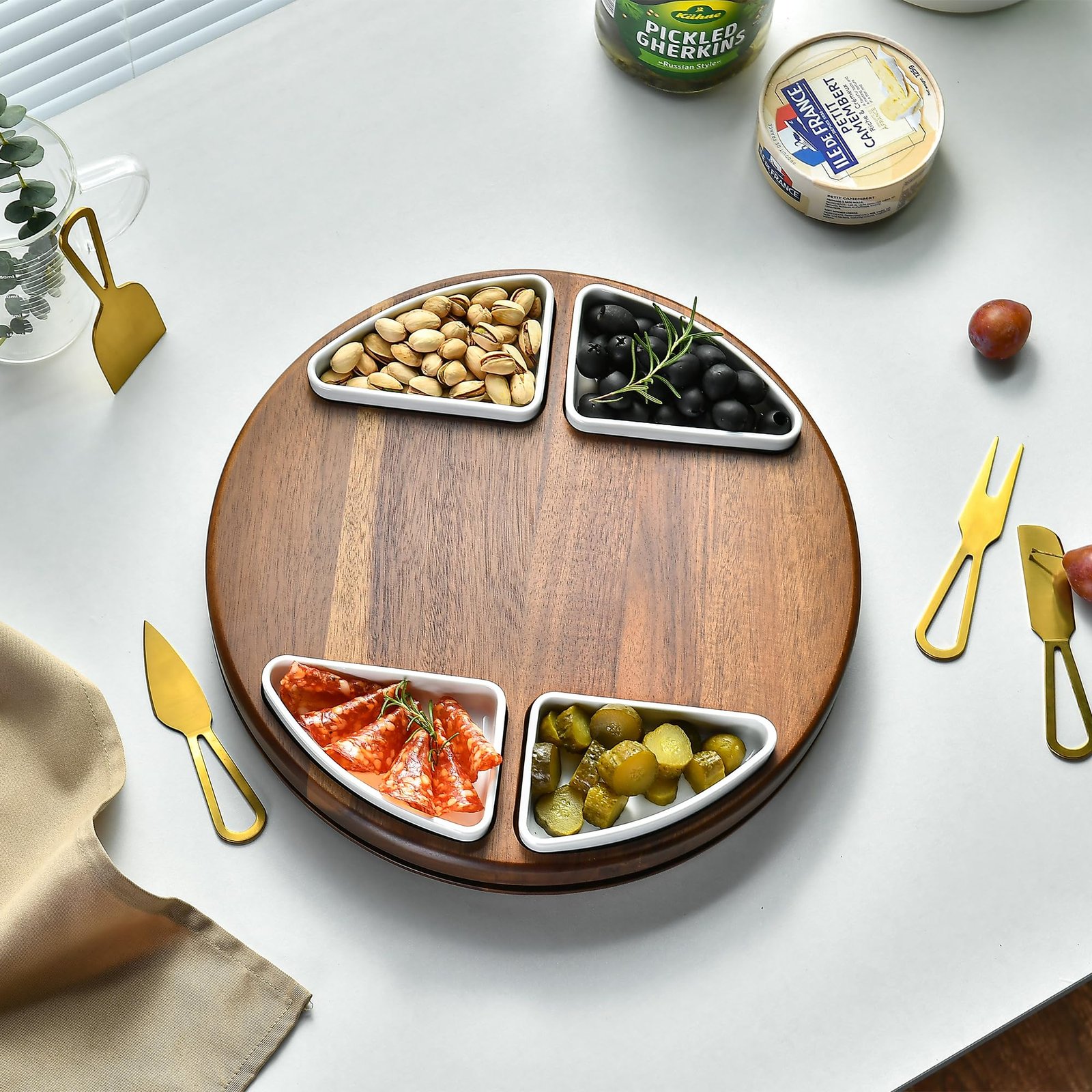 Shanik Upgraded Lazy Susan Cheese Cutting Board Set - Round Acacia Charcuterie Board With 4 Ceramic Bowls - Wedding Gifts - Cheese Serving Platter - Bridal Shower - Image 3