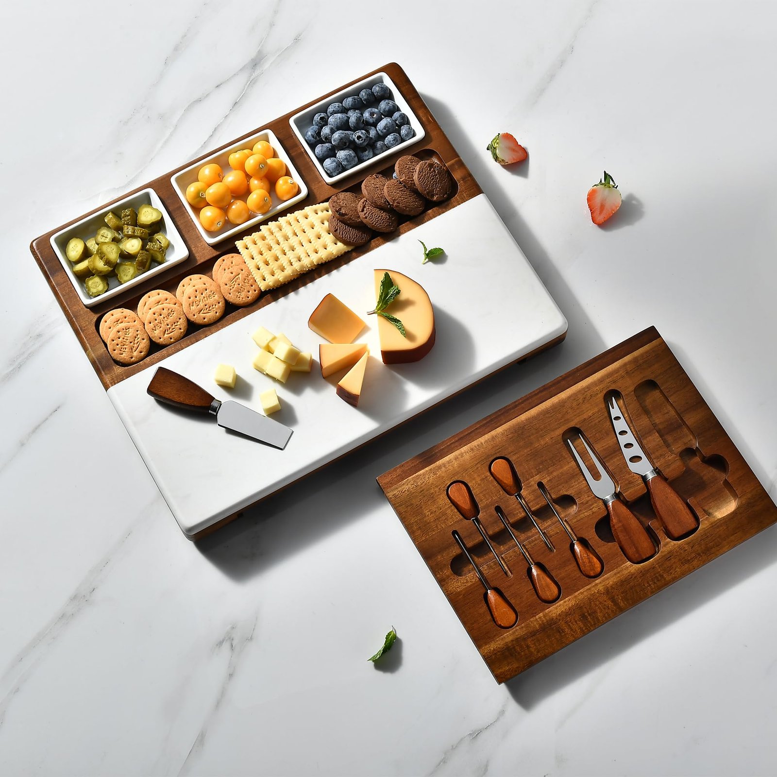 Shanik Wood - Marble Cheese Board Set with 3 Ceramic Bowls - Stainless Steel Cutlery Set, Charcuterie Board Set & Gift for Any Occasion (Without Engraving) - Image 4