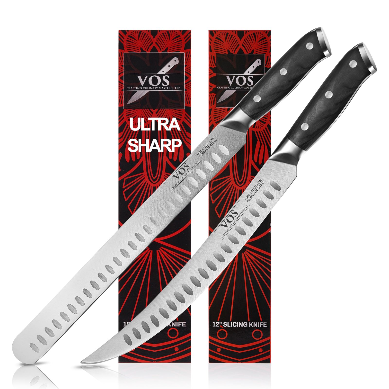 Vos 10" & 12" Carving Knife Set – German Steel Brisket & Butcher Knives with Ergonomic Handles – Razor Sharp Full Tang BBQ Slicer Duo – Gift Box Included
