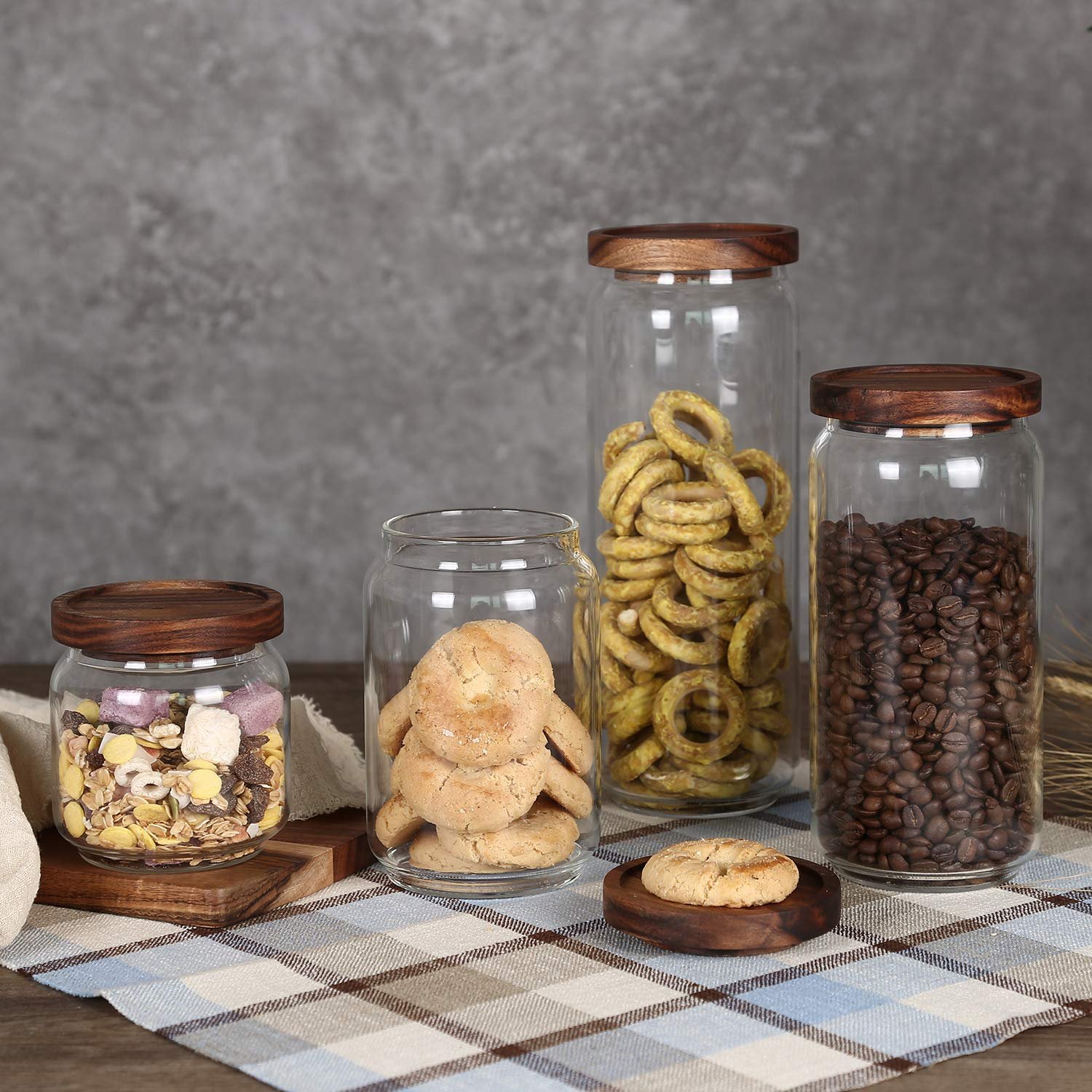 KKC HOME ACCENTS Clear Glass Food Storage Canisters with Airtight Wooden Lids for Coffee Beans,Ground Coffee,Loose Leaf Tea,Pack of 4 - Image 3