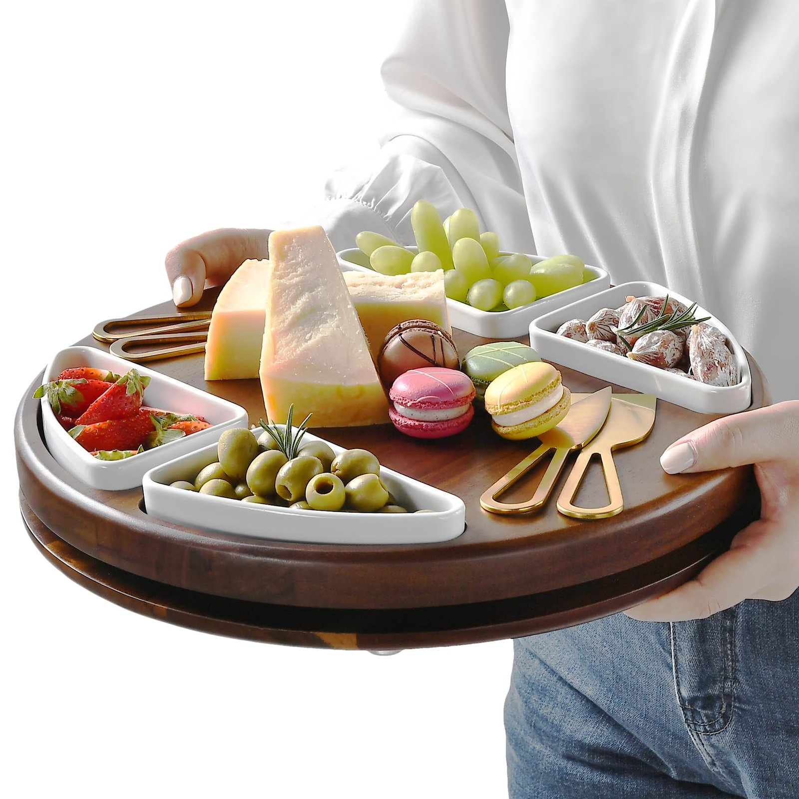Shanik Upgraded Lazy Susan Cheese Cutting Board Set - Round Acacia Charcuterie Board With 4 Ceramic Bowls - Wedding Gifts - Cheese Serving Platter - Bridal Shower - Image 2
