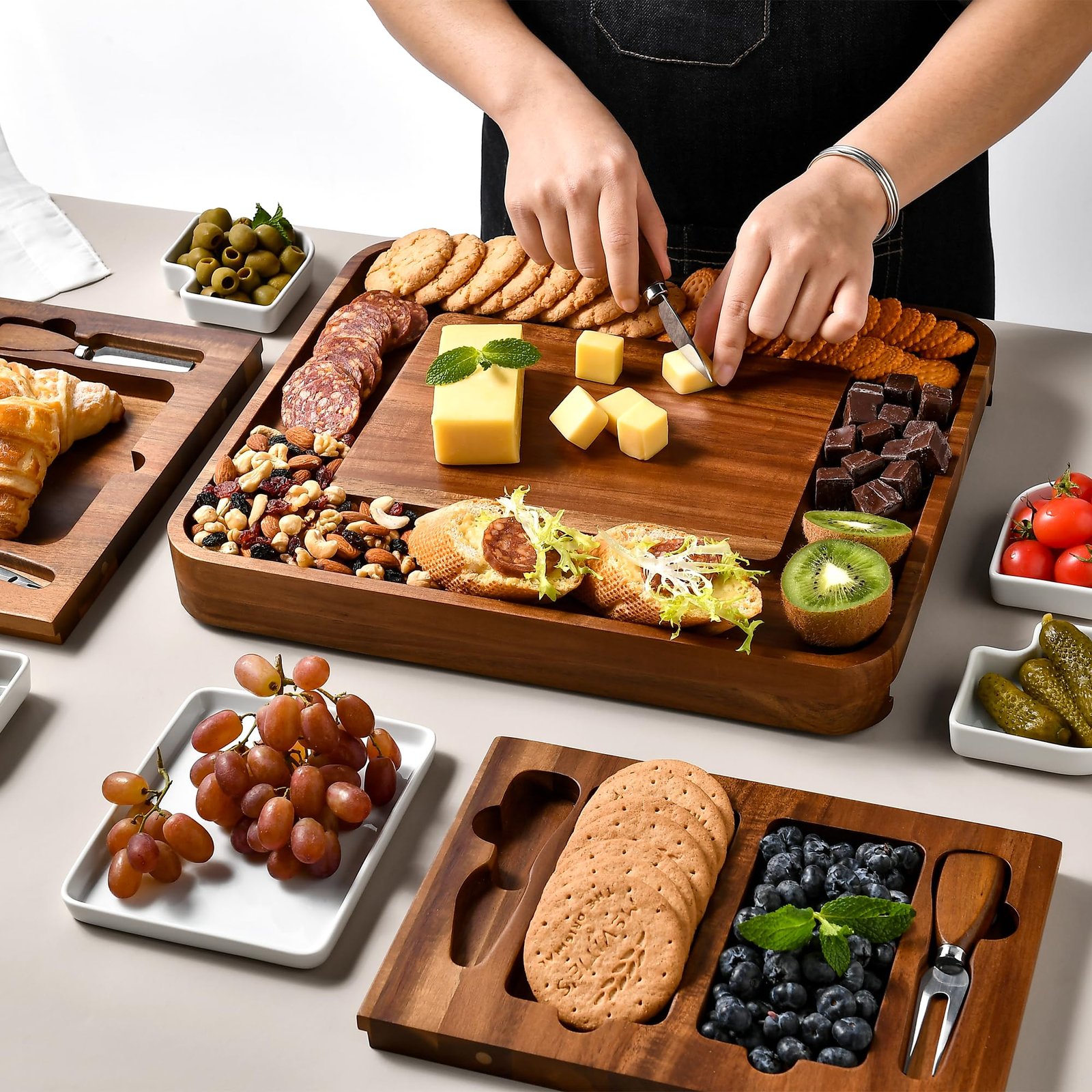 Shanik Upgraded Acacia Cheese Board Set, Square Shaped Charcuterie Set, Cheese Platter, Handcrafted Design and Stainless Steel Cutlery Set - Gift for Any Occasion No Engraving - Image 4