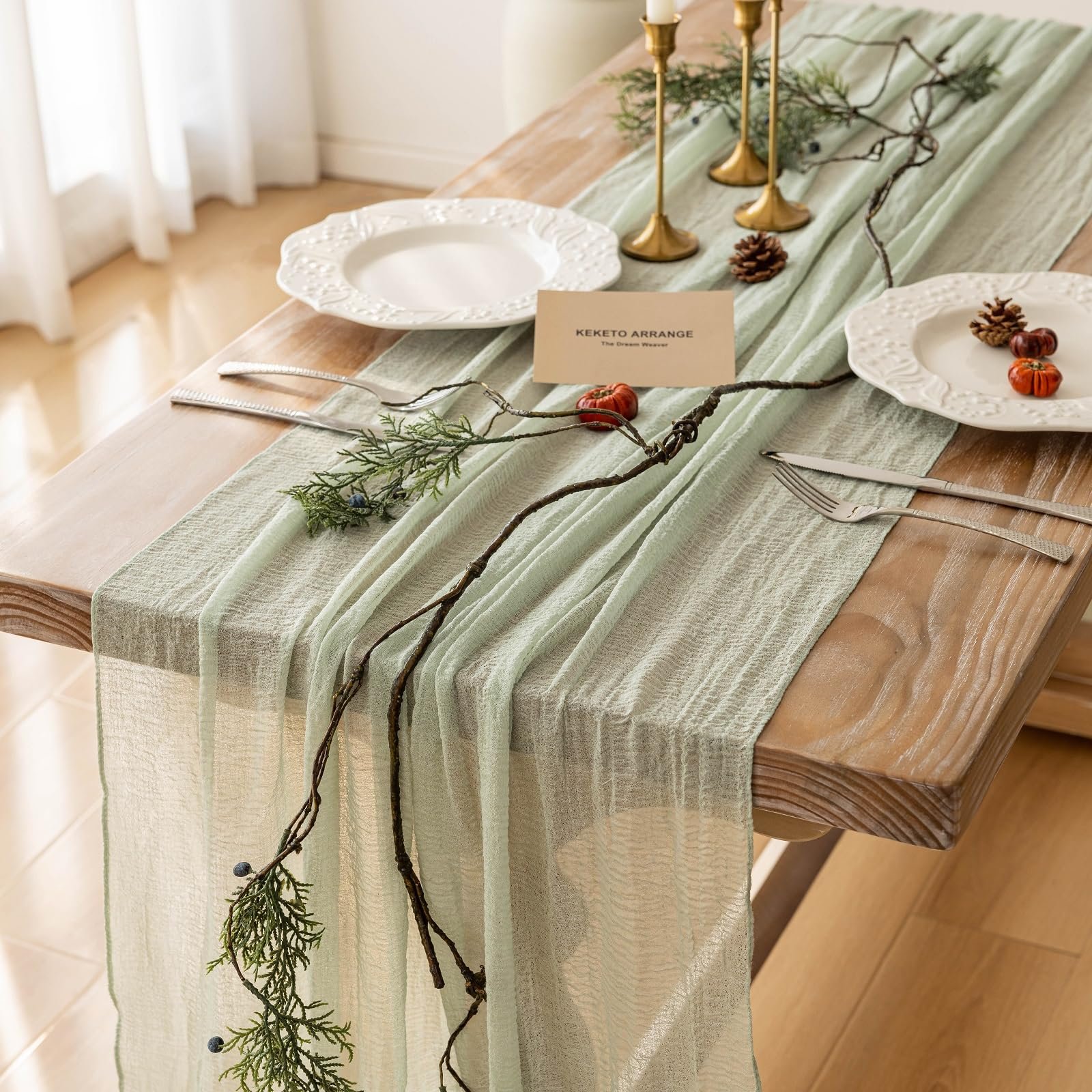 Keketo Sage Green Table Runner Cheesecloth 120 Inch 10 FT Rustic Boho Cheese Cloth Table Runner for Wedding Baby Shower Bridal Shower Sheer Gauze Centerpiece Summer Home Decorations