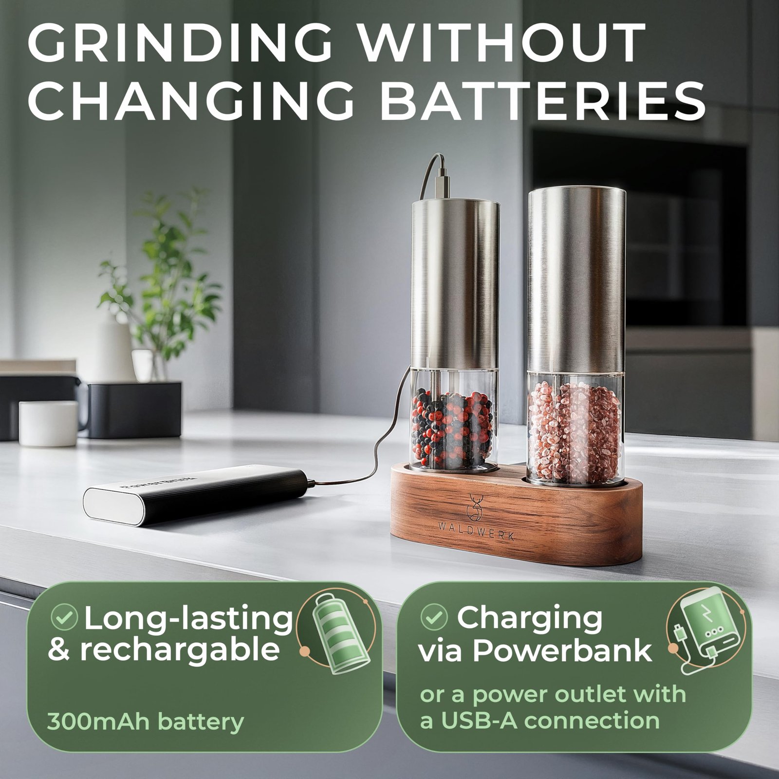 WALDWERK Electric Salt and Pepper Grinder Set (300 mAh Rechargeable Battery) - Salt and Pepper Shakers with Elegant Acacia Wood Stand β Rechargeable Automatic Salt and Pepper Grinder Set - Image 3