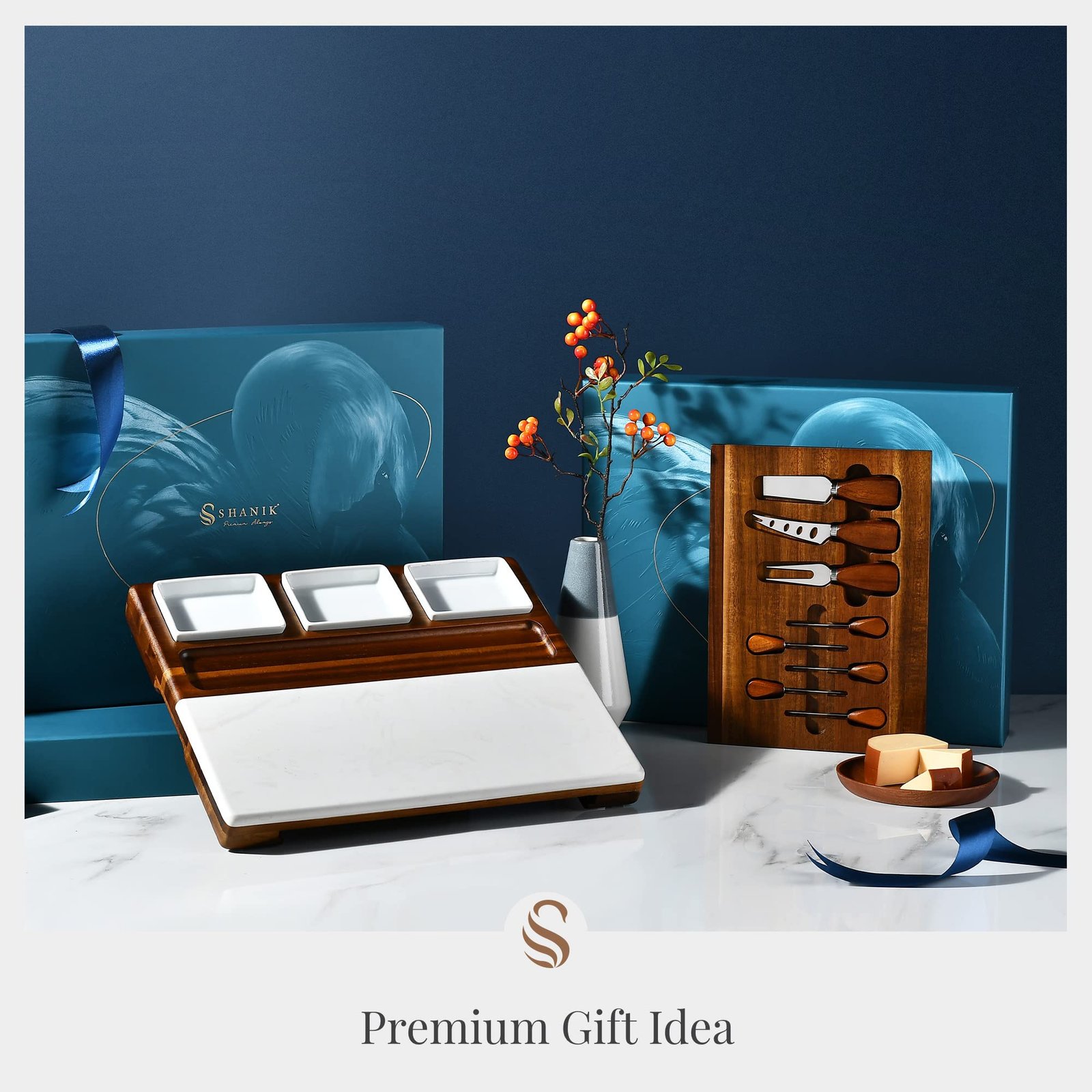 Shanik Wood - Marble Cheese Board Set with 3 Ceramic Bowls - Stainless Steel Cutlery Set, Charcuterie Board Set & Gift for Any Occasion (Without Engraving) - Image 5