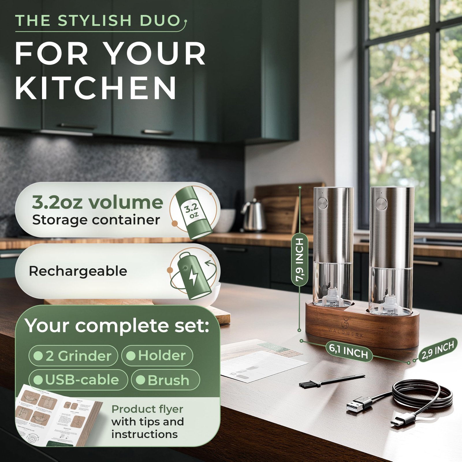 WALDWERK Electric Salt and Pepper Grinder Set (300 mAh Rechargeable Battery) - Salt and Pepper Shakers with Elegant Acacia Wood Stand β Rechargeable Automatic Salt and Pepper Grinder Set - Image 7