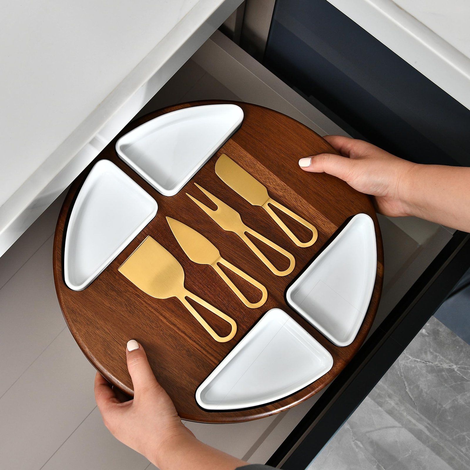 Shanik Upgraded Lazy Susan Cheese Cutting Board Set - Round Acacia Charcuterie Board With 4 Ceramic Bowls - Wedding Gifts - Cheese Serving Platter - Bridal Shower - Image 7