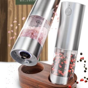 WALDWERK Electric Salt and Pepper Grinder Set (300 mAh Rechargeable Battery) - Salt and Pepper Shakers with Elegant Acacia Wood Stand – Rechargeable Automatic Salt and Pepper Grinder Set