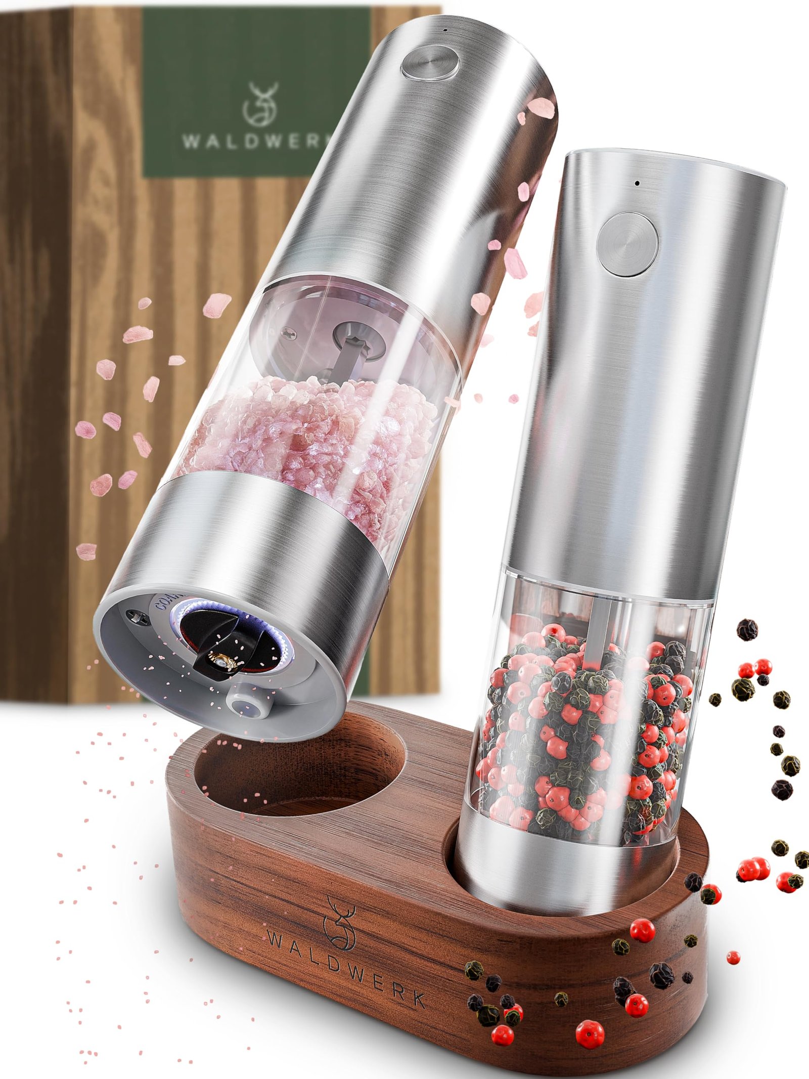WALDWERK Electric Salt and Pepper Grinder Set (300 mAh Rechargeable Battery) - Salt and Pepper Shakers with Elegant Acacia Wood Stand β Rechargeable Automatic Salt and Pepper Grinder Set