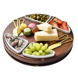 Shanik Upgraded Lazy Susan Cheese Cutting Board Set - Round Acacia Charcuterie Board With 4 Ceramic Bowls - Wedding Gifts - Cheese Serving Platter - Bridal Shower