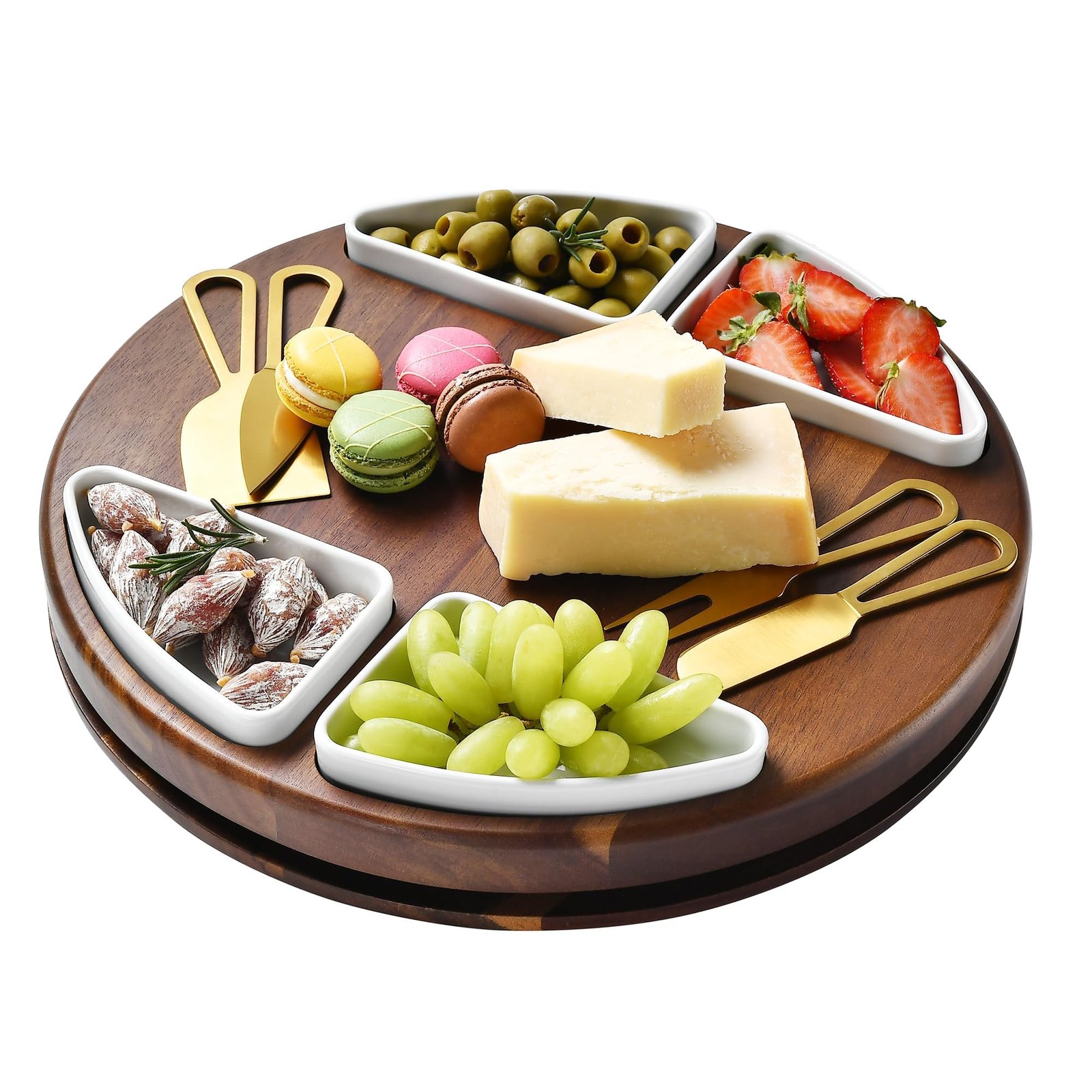 Shanik Upgraded Lazy Susan Cheese Cutting Board Set - Round Acacia Charcuterie Board With 4 Ceramic Bowls - Wedding Gifts - Cheese Serving Platter - Bridal Shower