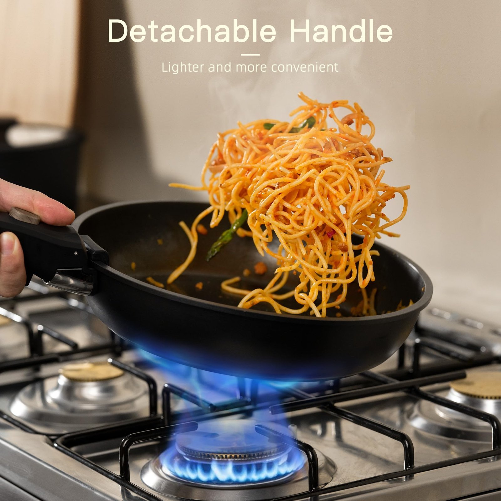 Astercook 21 Pcs Pots and Pans Set Non Stick, Ceramic Cookware Set Detachable Handle, RV Kitchen Cooking Set Removable Handles, Oven Safe, Induction Ready, Stackable Non-stick Set, Black - Image 7