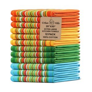 Urban Villa Salsa Stripe Kitchen Towels 100% Cotton Dish Towels for Kitchen Multi Color Highly Absorbent Multi-Purpose Waffle Dish Cloths for Cleaning Soft Hand Bar Towels 20x30 Inches (Set of 12)