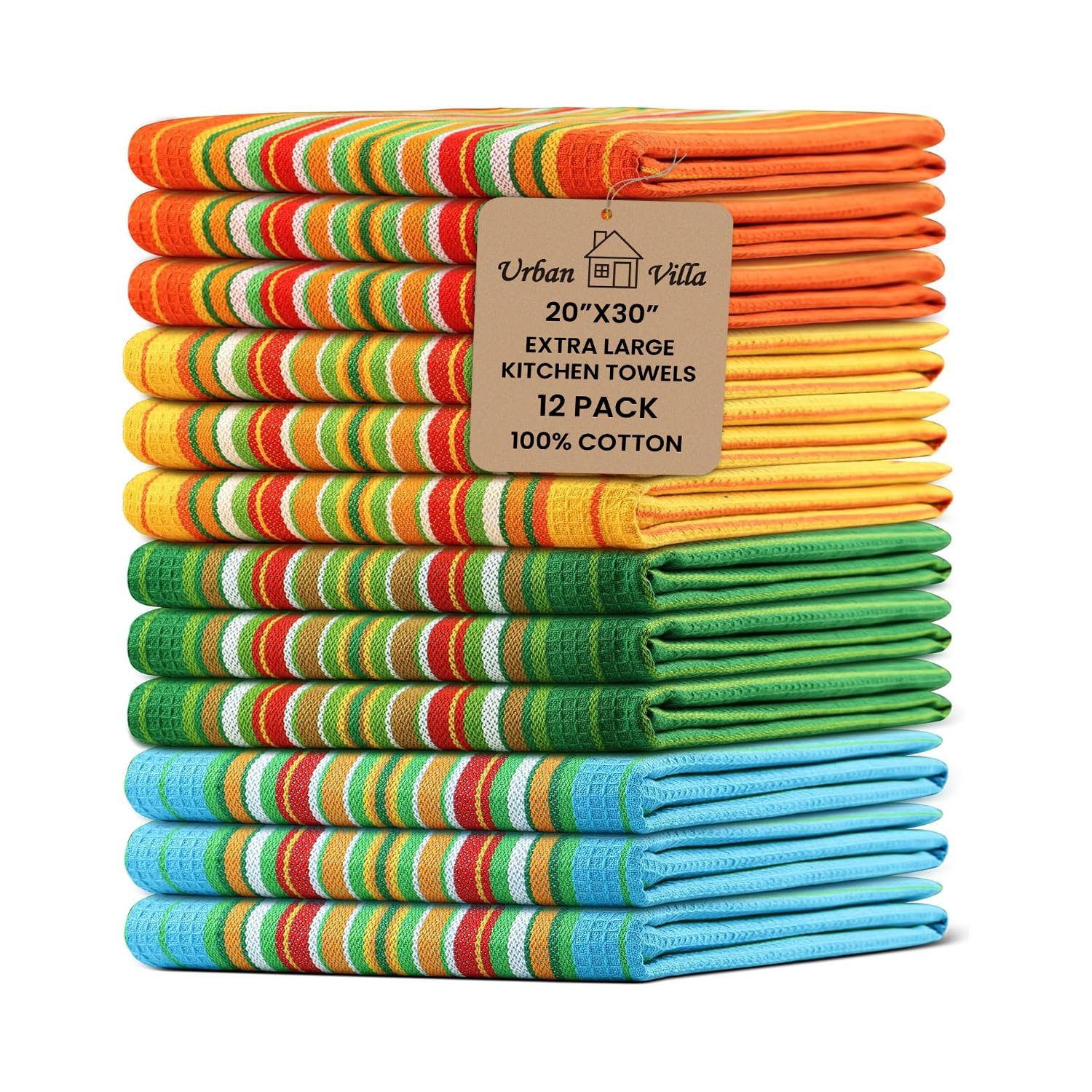 Urban Villa Salsa Stripe Kitchen Towels 100% Cotton Dish Towels for Kitchen Multi Color Highly Absorbent Multi-Purpose Waffle Dish Cloths for Cleaning Soft Hand Bar Towels 20x30 Inches (Set of 12)