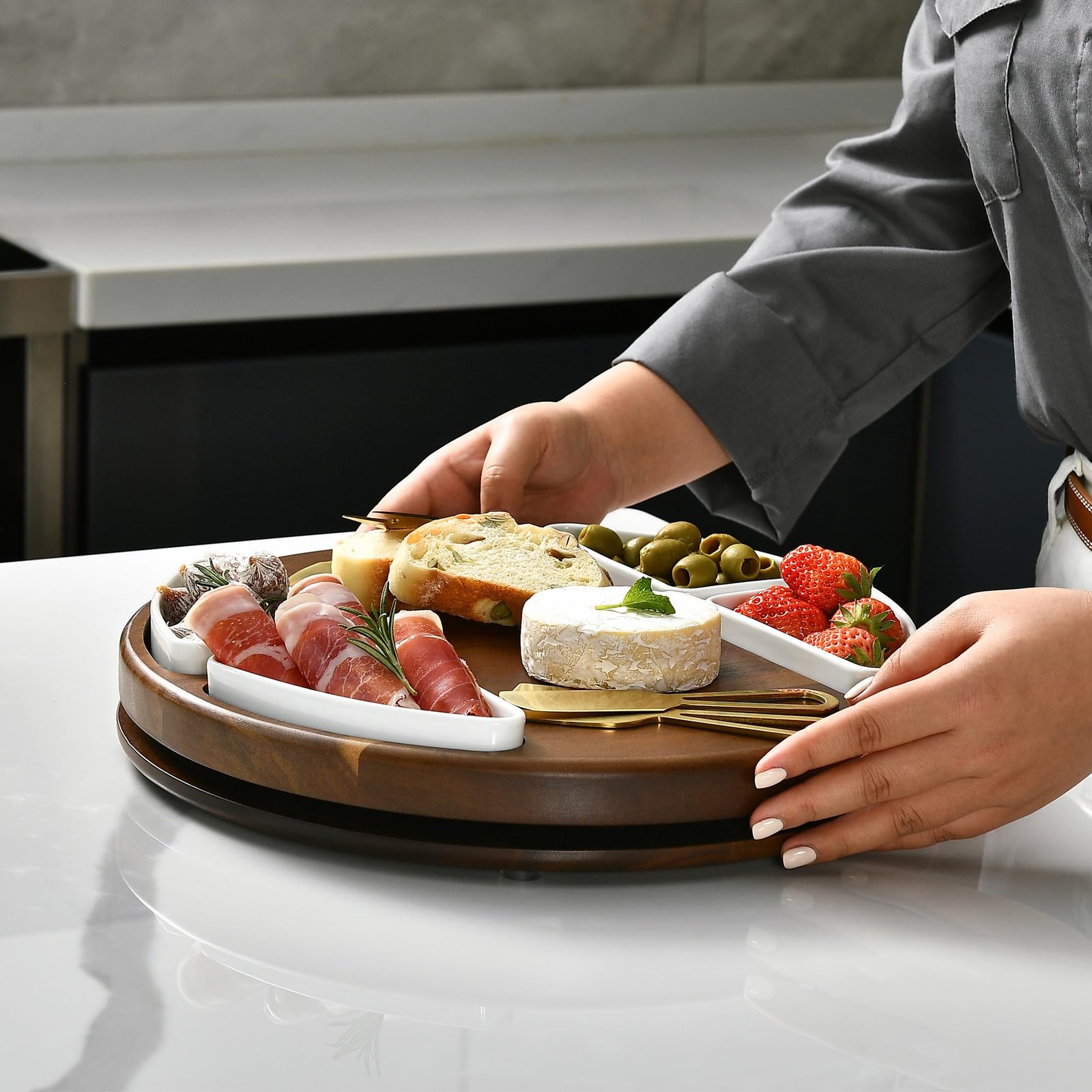 Shanik Upgraded Lazy Susan Cheese Cutting Board Set - Round Acacia Charcuterie Board With 4 Ceramic Bowls - Wedding Gifts - Cheese Serving Platter - Bridal Shower - Image 5