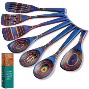 Wooden Spoons for Cooking, 7 Pcs Pakkawood Wooden Kitchen Cooking Spoon Utensil Tools Set Includes Spatula Corner Spoon Rice Paddle Friendly to Non-Stick Cookware by HOWHONG (Spectrum)