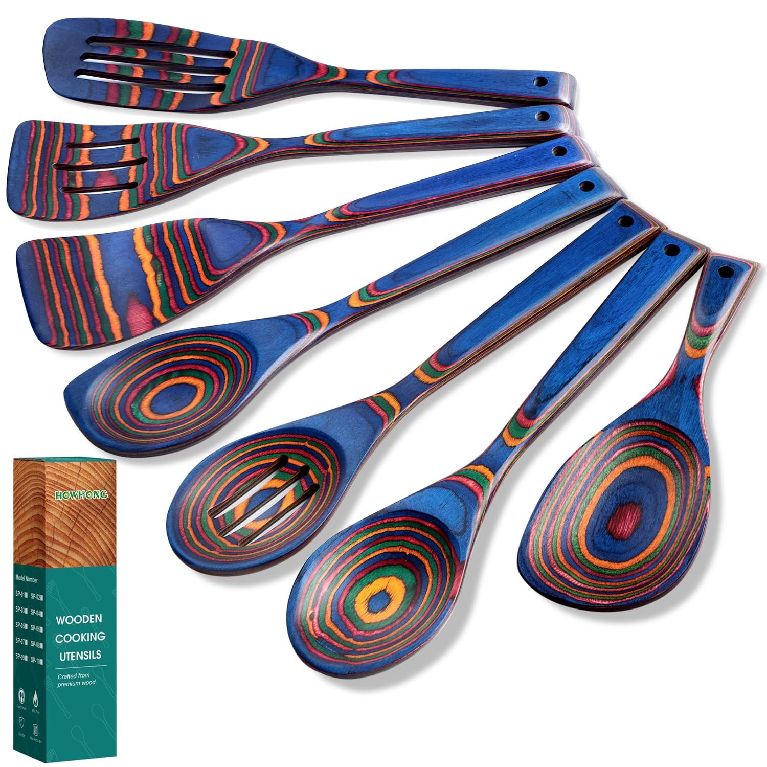 Wooden Spoons for Cooking, 7 Pcs Pakkawood Wooden Kitchen Cooking Spoon Utensil Tools Set Includes Spatula Corner Spoon Rice Paddle Friendly to Non-Stick Cookware by HOWHONG (Spectrum)