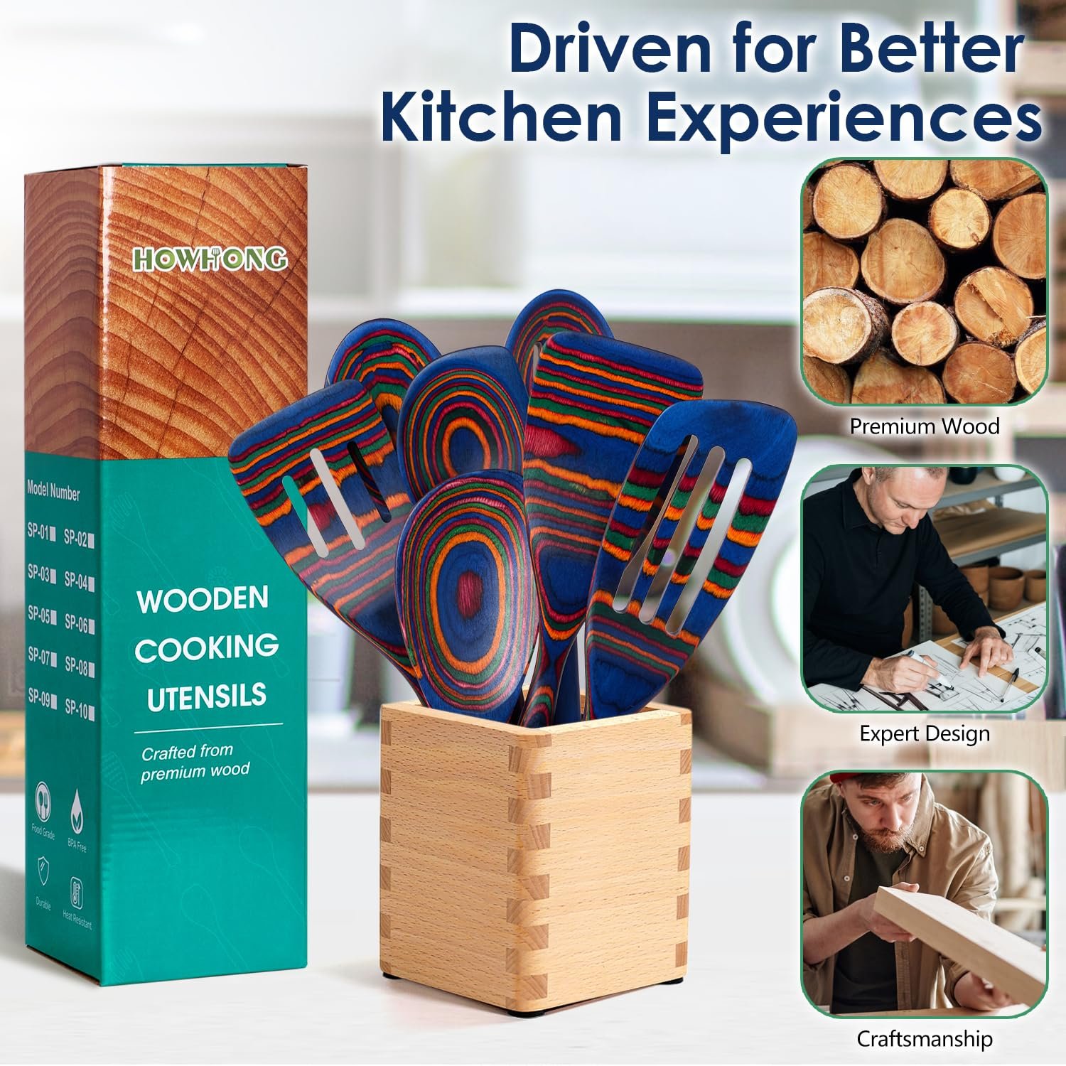 Wooden Spoons for Cooking, 7 Pcs Pakkawood Wooden Kitchen Cooking Spoon Utensil Tools Set Includes Spatula Corner Spoon Rice Paddle Friendly to Non-Stick Cookware by HOWHONG (Spectrum) - Image 3