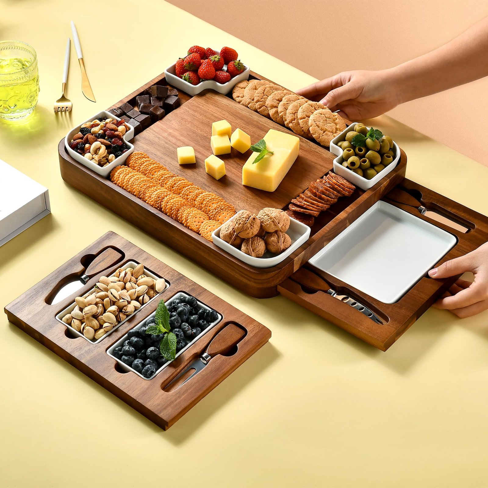 Shanik Upgraded Acacia Cheese Board Set, Square Shaped Charcuterie Set, Cheese Platter, Handcrafted Design and Stainless Steel Cutlery Set - Gift for Any Occasion No Engraving - Image 6