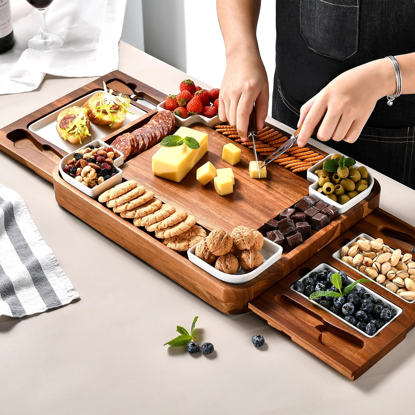 Shanik Upgraded Acacia Cheese Board Set, Square Shaped Charcuterie Set, Cheese Platter, Handcrafted Design and Stainless Steel Cutlery Set - Gift for Any Occasion No Engraving - Image 8