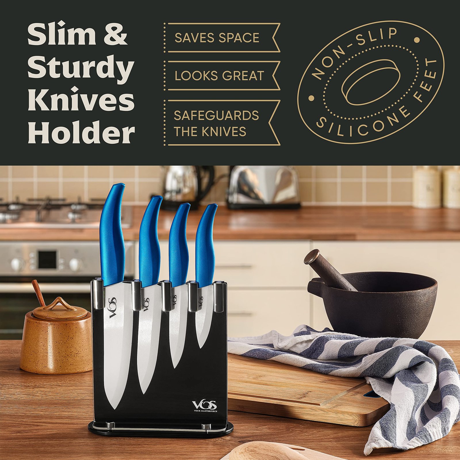 Vos Ceramic Knife Set with Block, Ceramic Knives Set For Kitchen, Ultra Sharp Kitchen Knife Set with Covers, 3" 4" 5" 6" Chef Knife, Utility, Paring & Versatile, Lightweight, Dishwasher safe (Blue) - Image 4