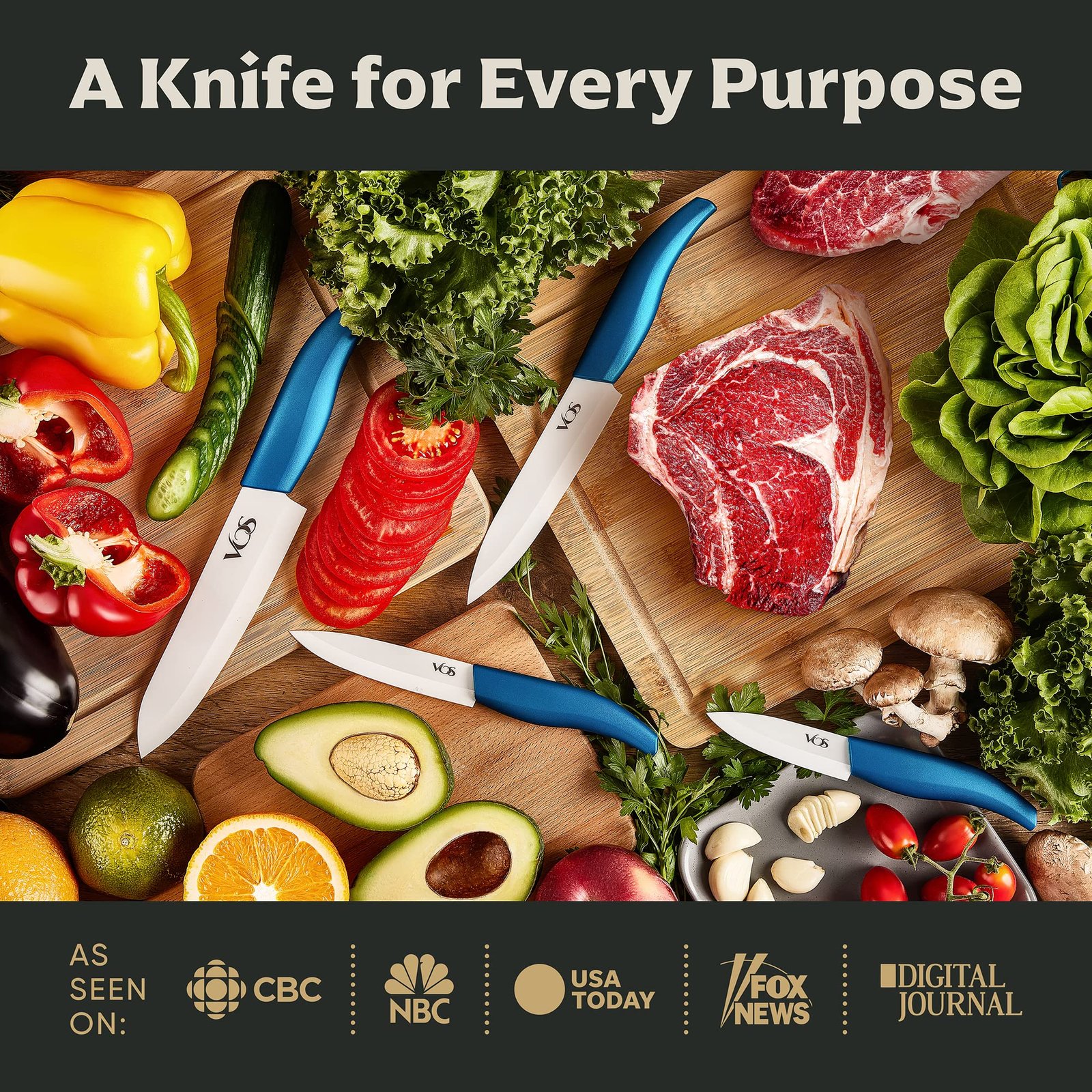 Vos Ceramic Knife Set with Block, Ceramic Knives Set For Kitchen, Ultra Sharp Kitchen Knife Set with Covers, 3" 4" 5" 6" Chef Knife, Utility, Paring & Versatile, Lightweight, Dishwasher safe (Blue) - Image 3