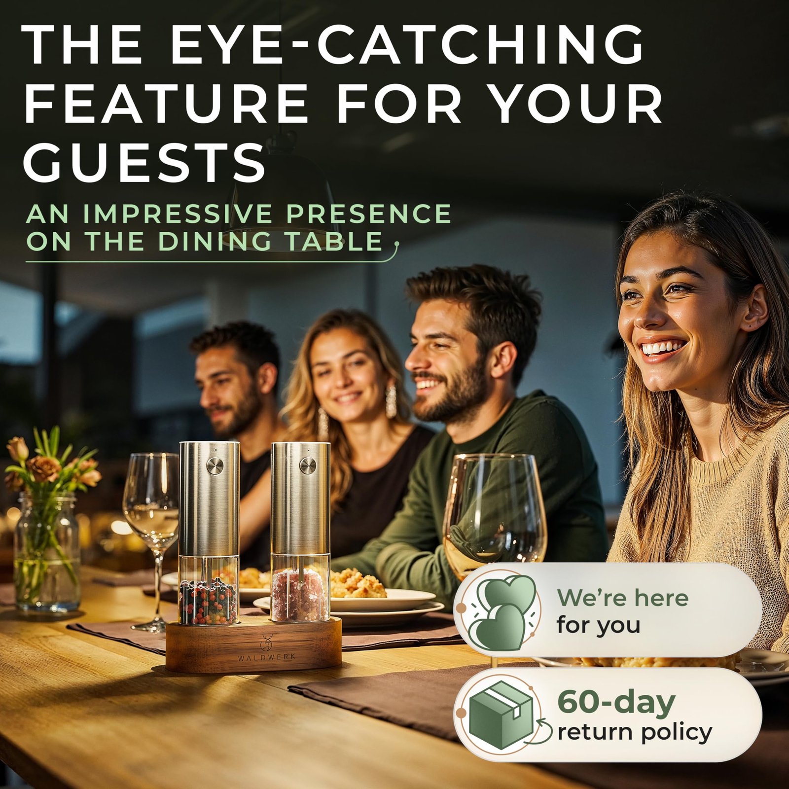 WALDWERK Electric Salt and Pepper Grinder Set (300 mAh Rechargeable Battery) - Salt and Pepper Shakers with Elegant Acacia Wood Stand β Rechargeable Automatic Salt and Pepper Grinder Set - Image 4