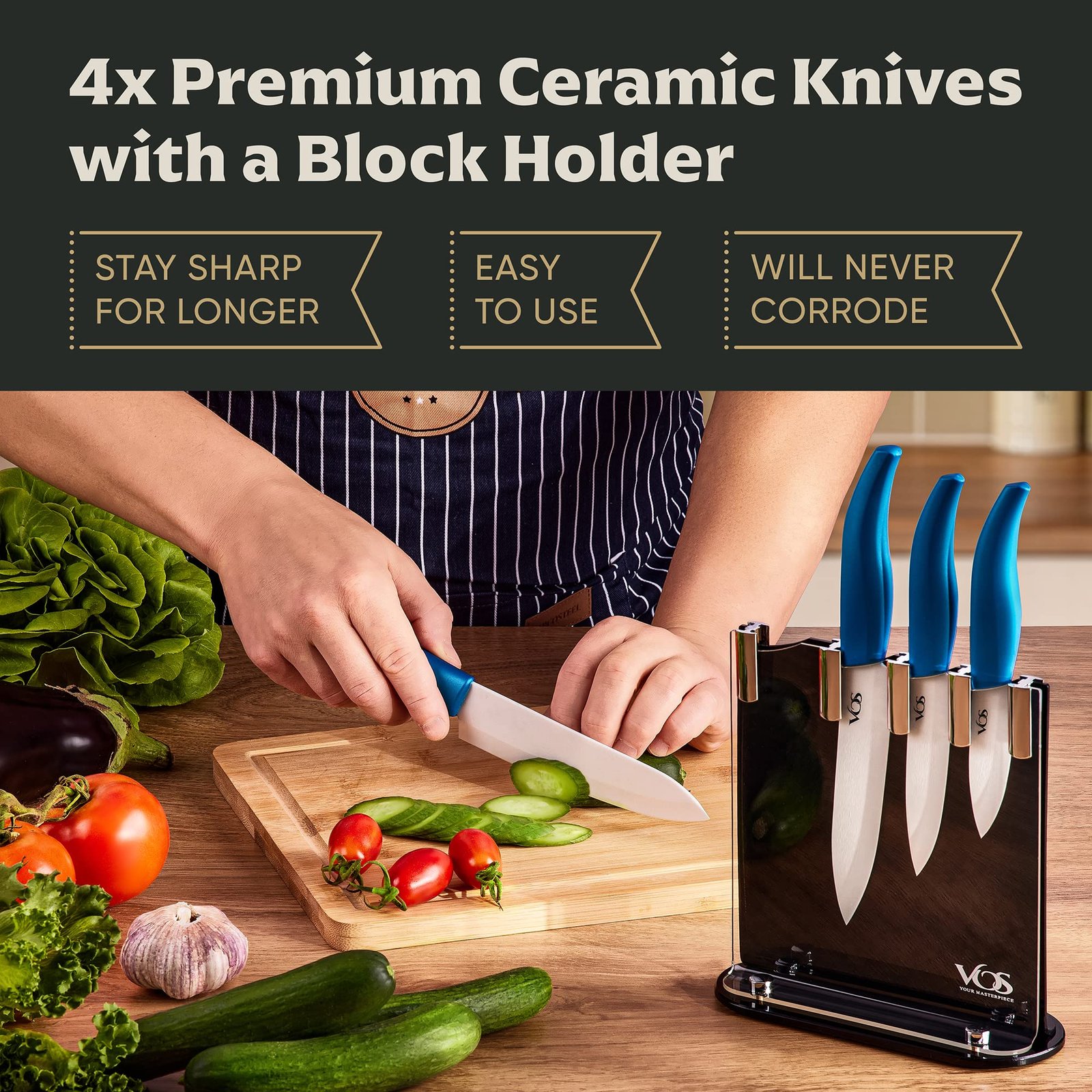 Vos Ceramic Knife Set with Block, Ceramic Knives Set For Kitchen, Ultra Sharp Kitchen Knife Set with Covers, 3" 4" 5" 6" Chef Knife, Utility, Paring & Versatile, Lightweight, Dishwasher safe (Blue) - Image 8