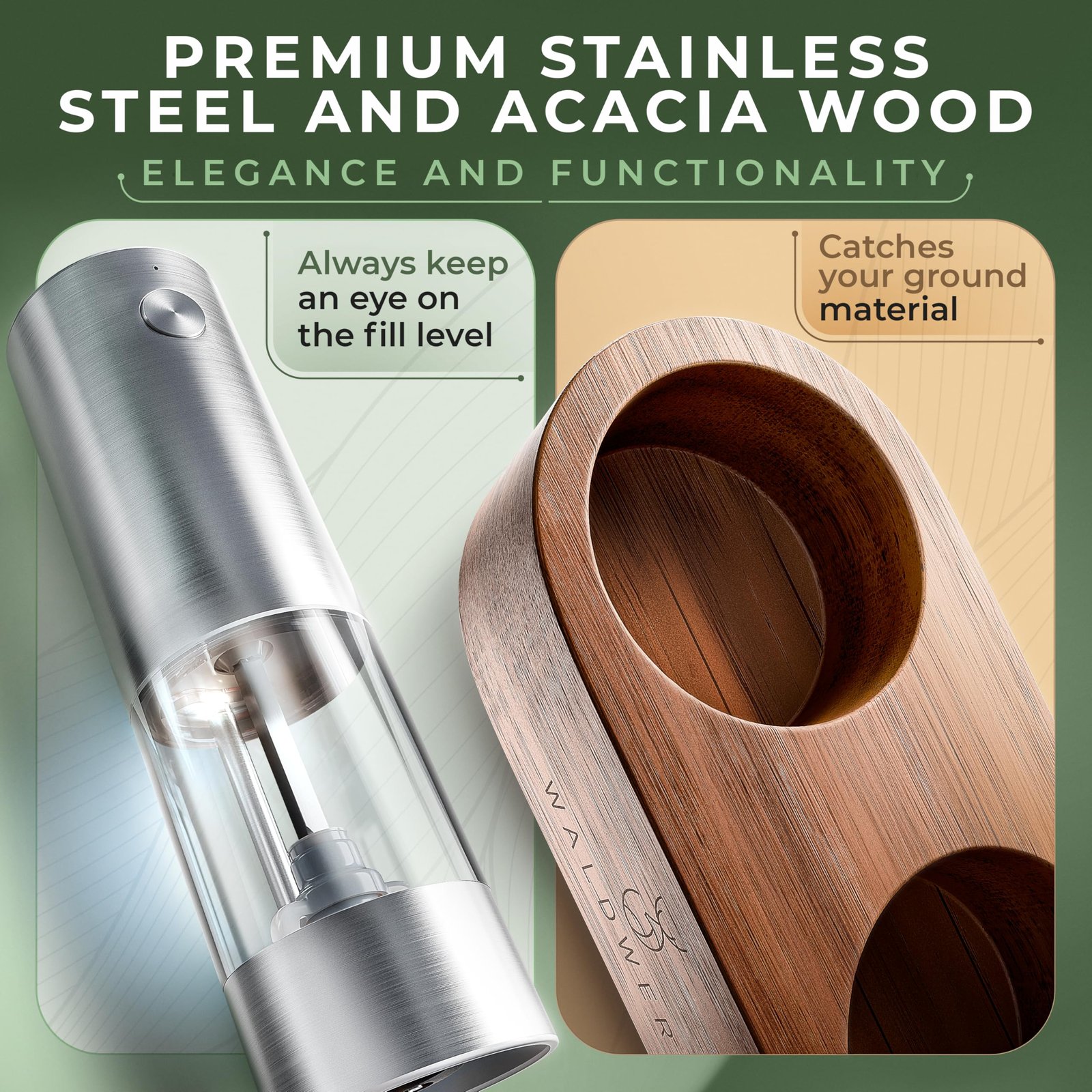 WALDWERK Electric Salt and Pepper Grinder Set (300 mAh Rechargeable Battery) - Salt and Pepper Shakers with Elegant Acacia Wood Stand β Rechargeable Automatic Salt and Pepper Grinder Set - Image 5