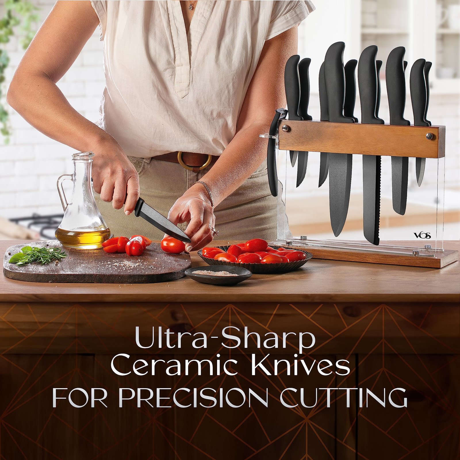 Vos Ceramic Knife Set With Block - 13-Piece Ceramic Knives Set For Kitchen, Includes Chef, Santoku, Bread Knives, Steak Knives, Peeler & Elegant Wooden Block - Ultra-Sharp, Dishwasher safe,Lightweight - Image 6