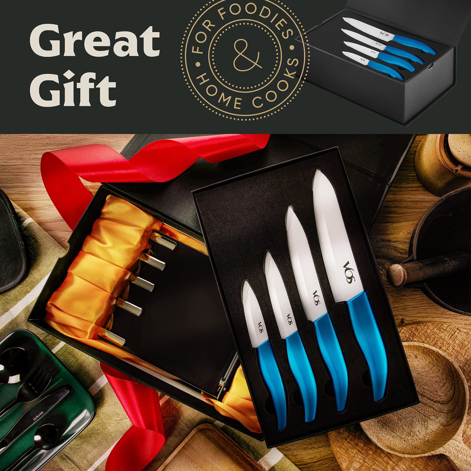 Vos Ceramic Knife Set with Block, Ceramic Knives Set For Kitchen, Ultra Sharp Kitchen Knife Set with Covers, 3" 4" 5" 6" Chef Knife, Utility, Paring & Versatile, Lightweight, Dishwasher safe (Blue) - Image 6