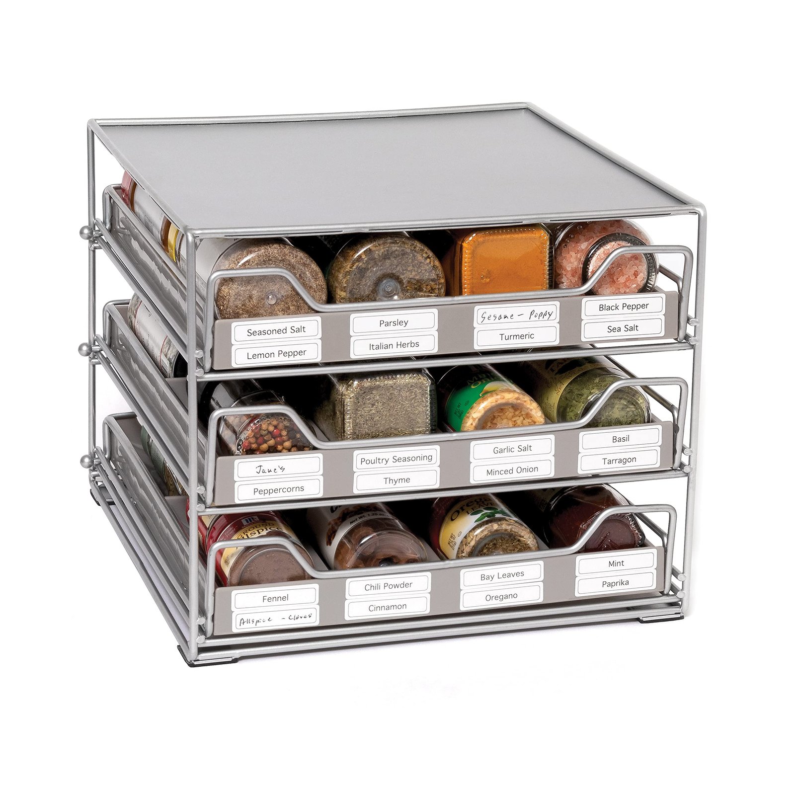 Lipper International 8724 Three-Tier Tilt-Down Kitchen and Cooking Spice Drawer Rack with 96 Labels, Silver, 24 Bottle Capacity - Image 5