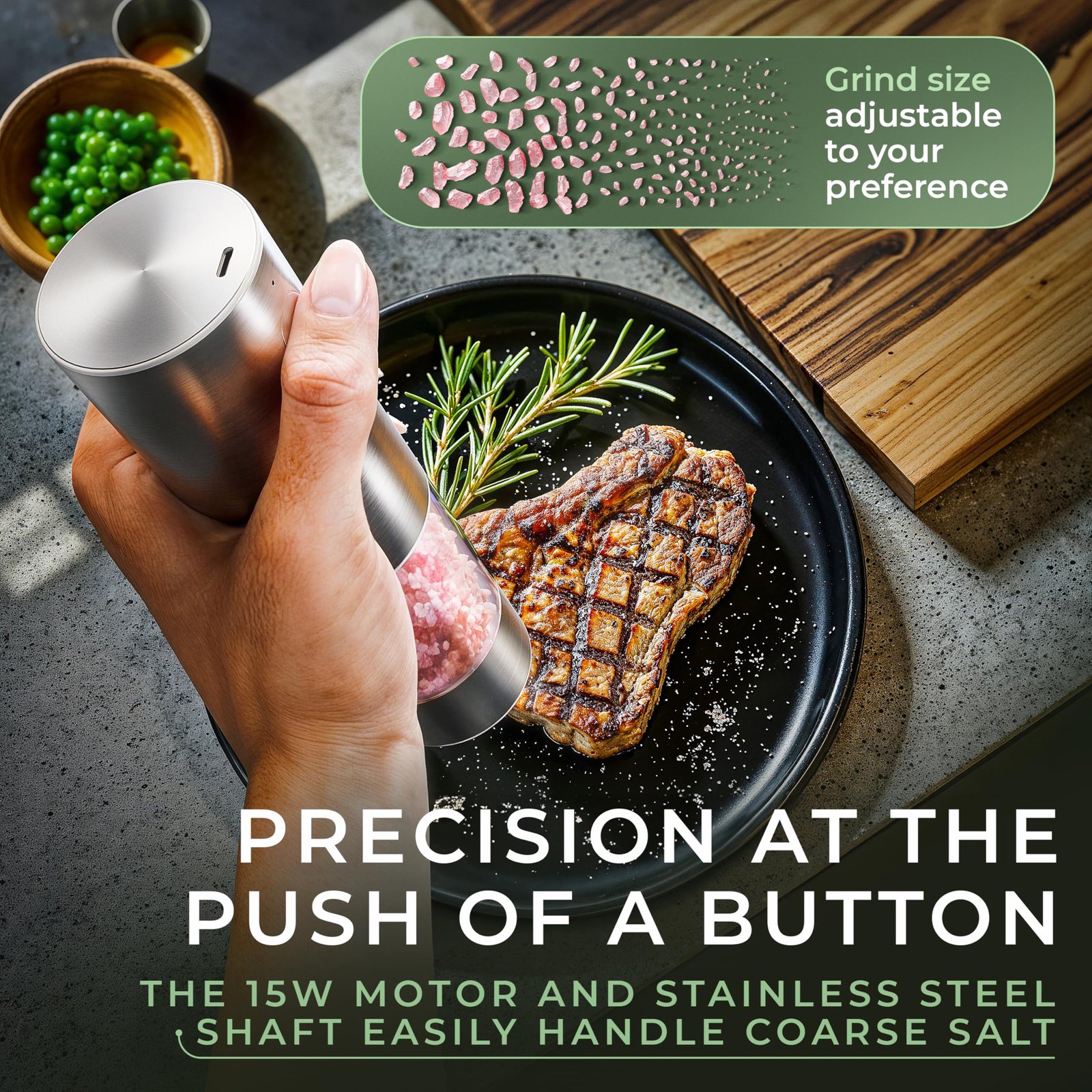 WALDWERK Electric Salt and Pepper Grinder Set (300 mAh Rechargeable Battery) - Salt and Pepper Shakers with Elegant Acacia Wood Stand β Rechargeable Automatic Salt and Pepper Grinder Set - Image 6